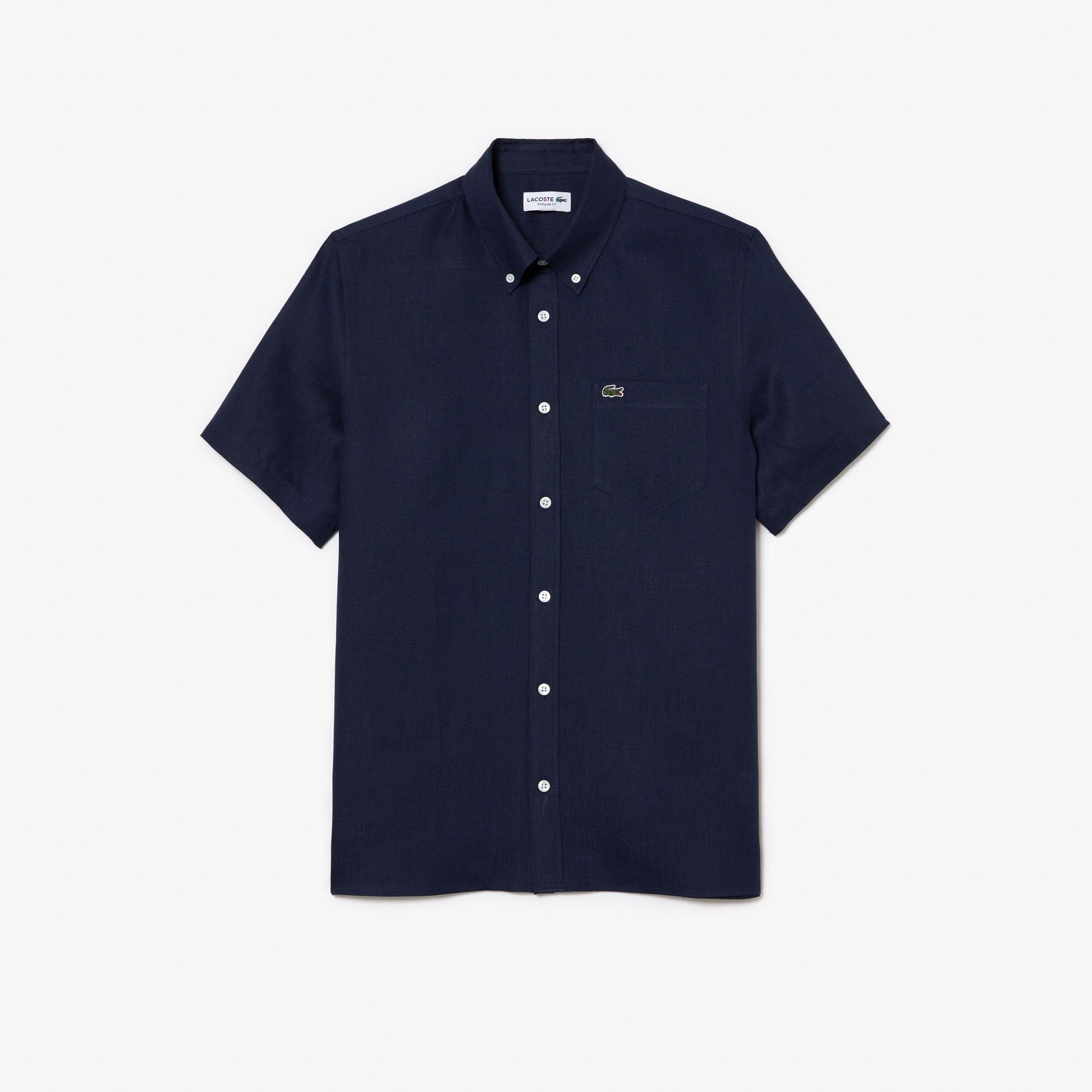 Lacoste Erkek Regular Fit Kısa Kollu Düğmeli Yaka Keten Lacivert Gömlek
