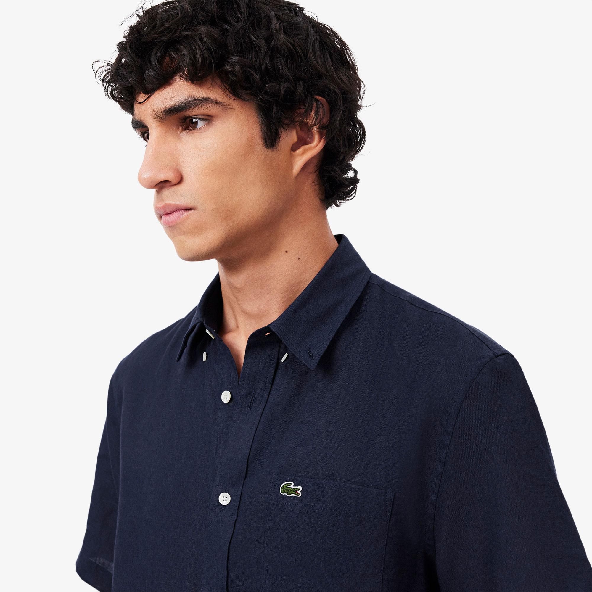 Lacoste Erkek Regular Fit Kısa Kollu Düğmeli Yaka Keten Lacivert Gömlek