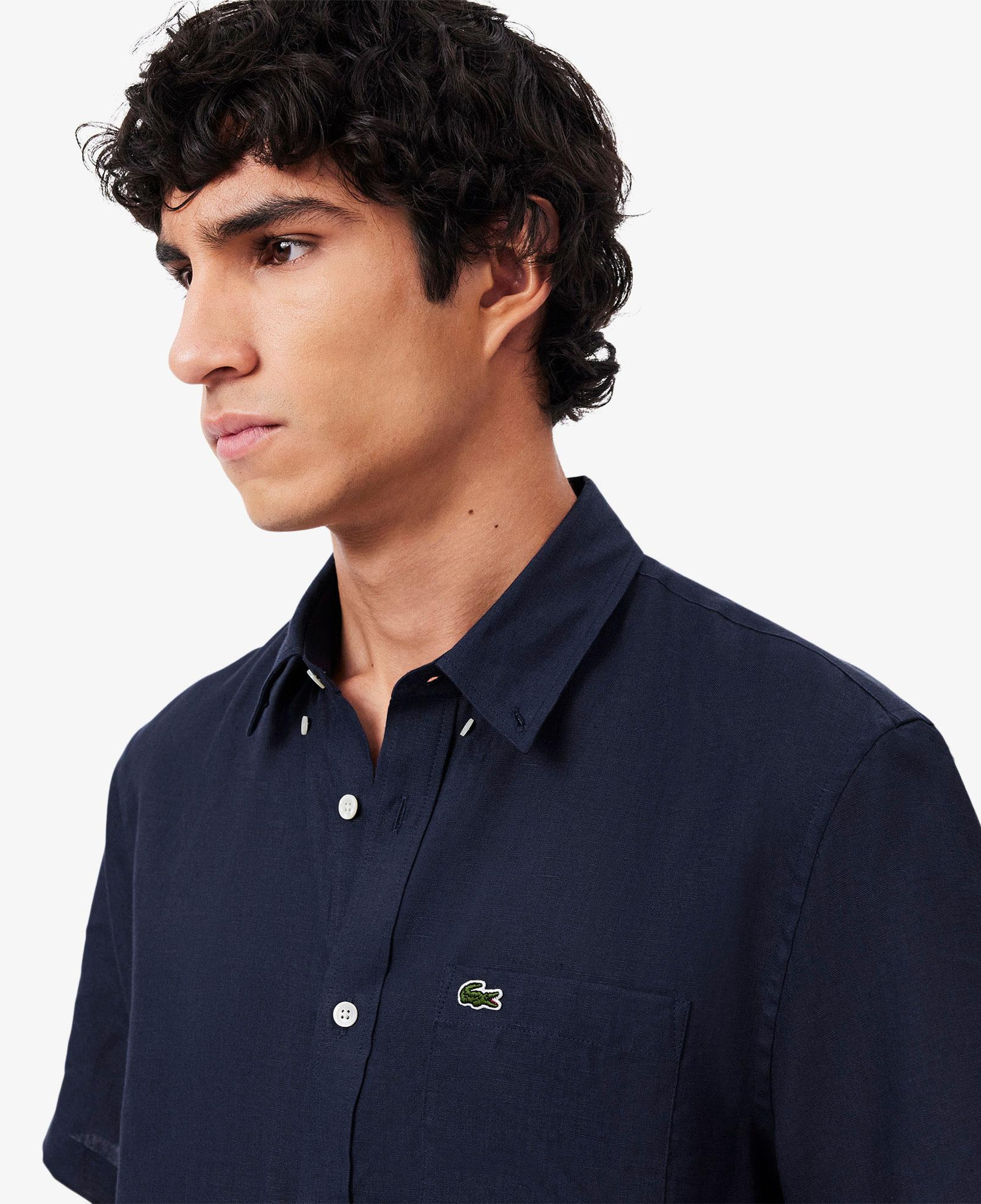 Lacoste Erkek Regular Fit Kısa Kollu Düğmeli Yaka Keten Lacivert Gömlek