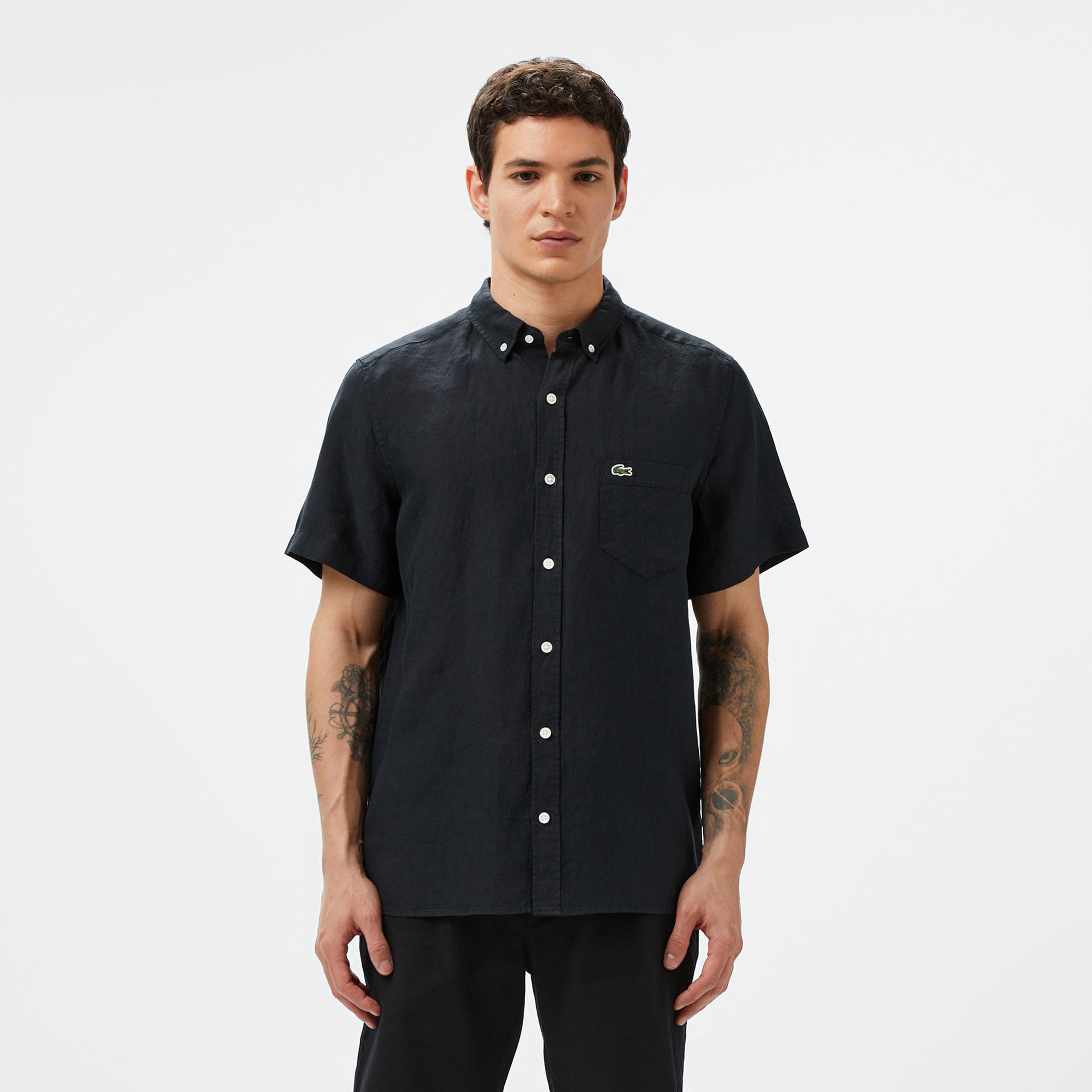 Lacoste Erkek Regular Fit Kısa Kollu Düğmeli Yaka Keten Siyah Gömlek