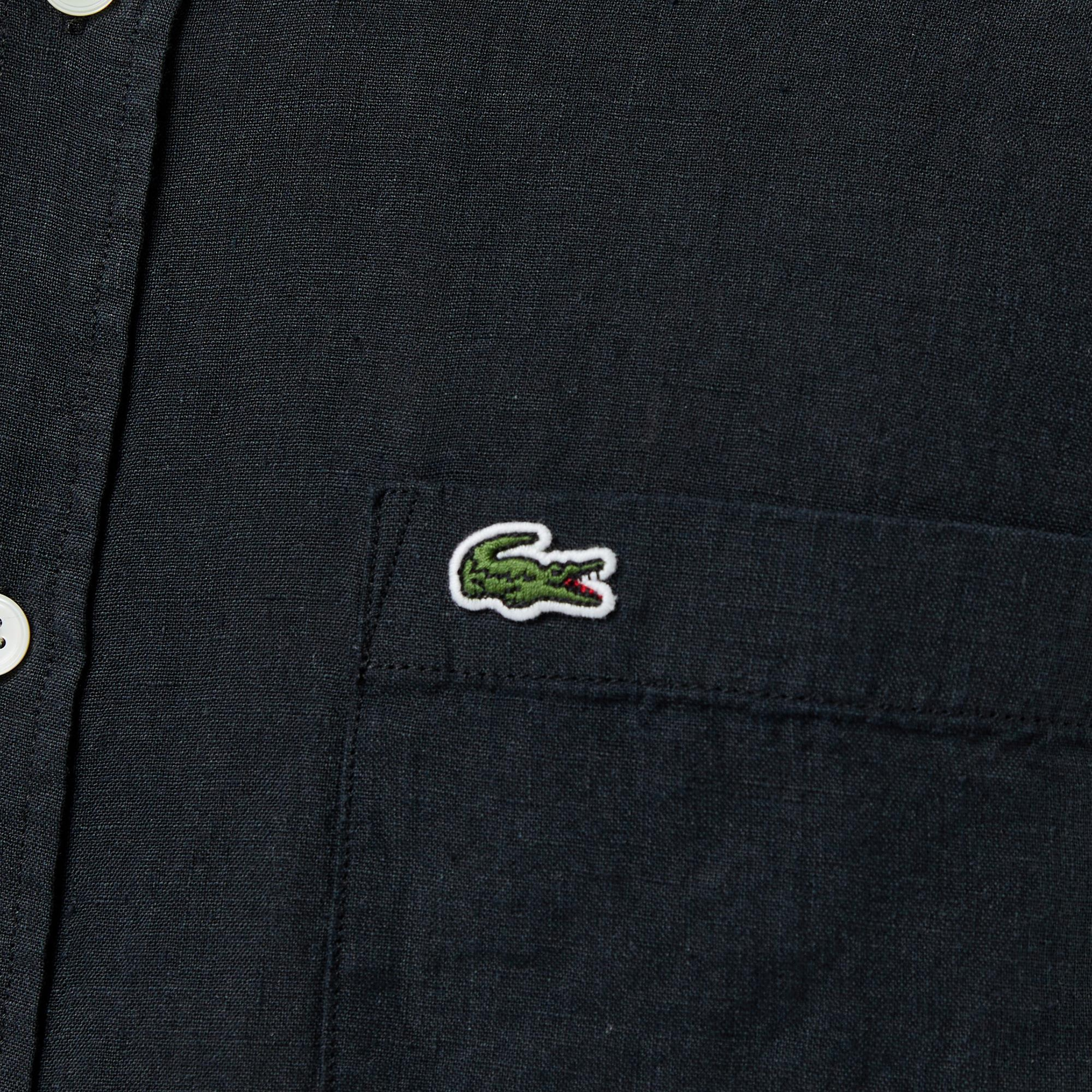 Lacoste Erkek Regular Fit Kısa Kollu Düğmeli Yaka Keten Siyah Gömlek