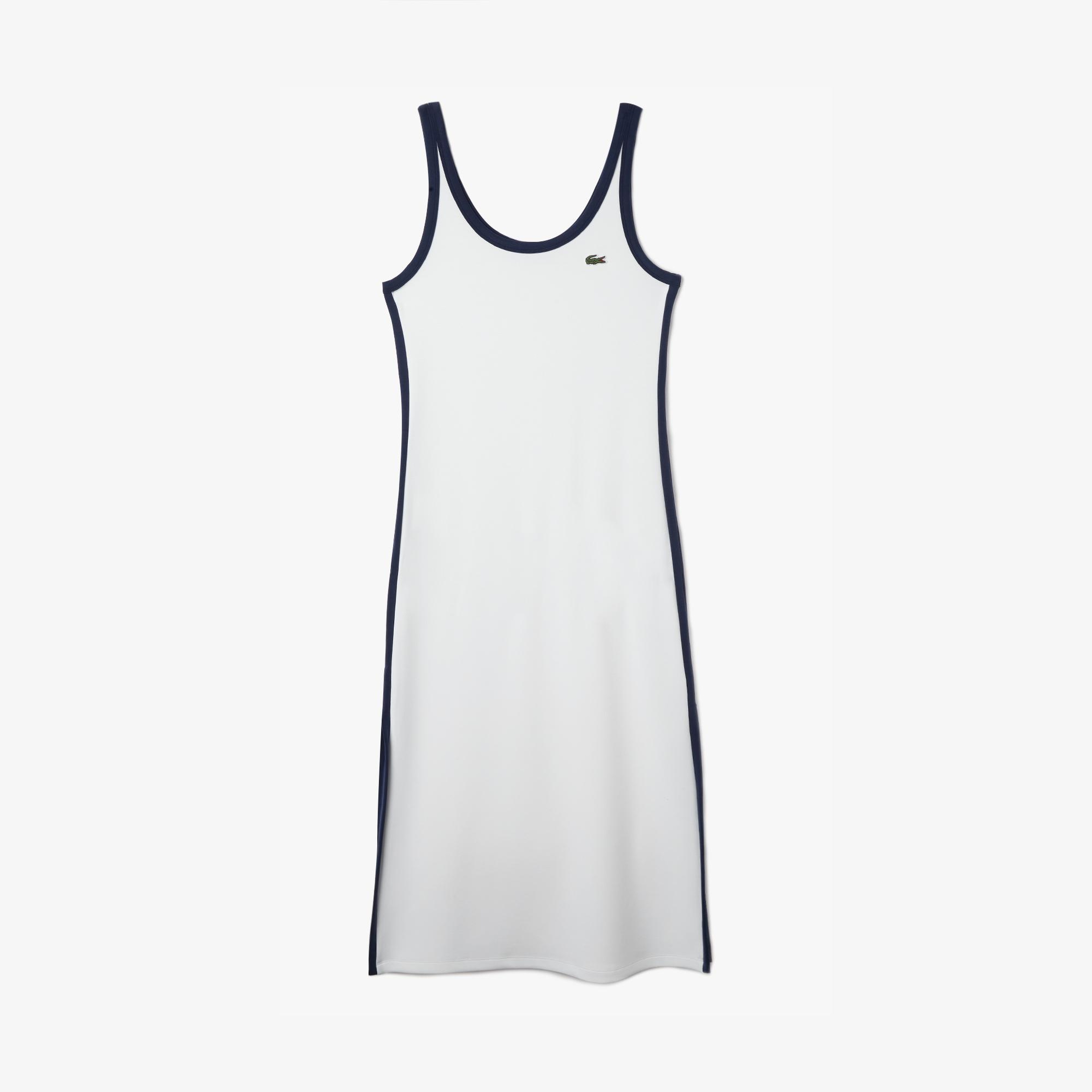 Lacoste Kadın Slim Fit Kolsuz Bisiklet Yaka Renk Bloklu Beyaz Elbise