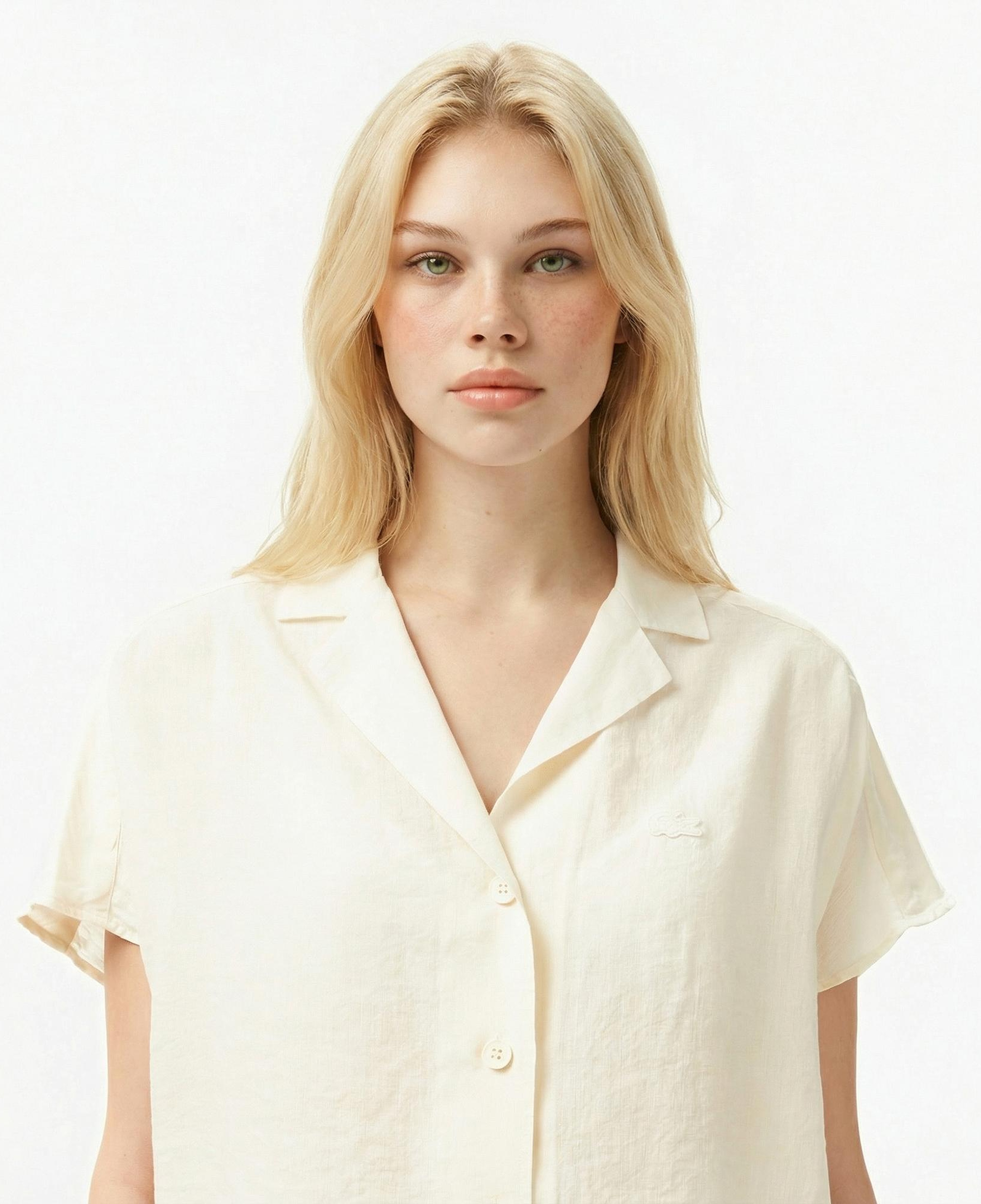 Lacoste Kadın Regular Fit Kısa Kollu Keten Beyaz Gömlek