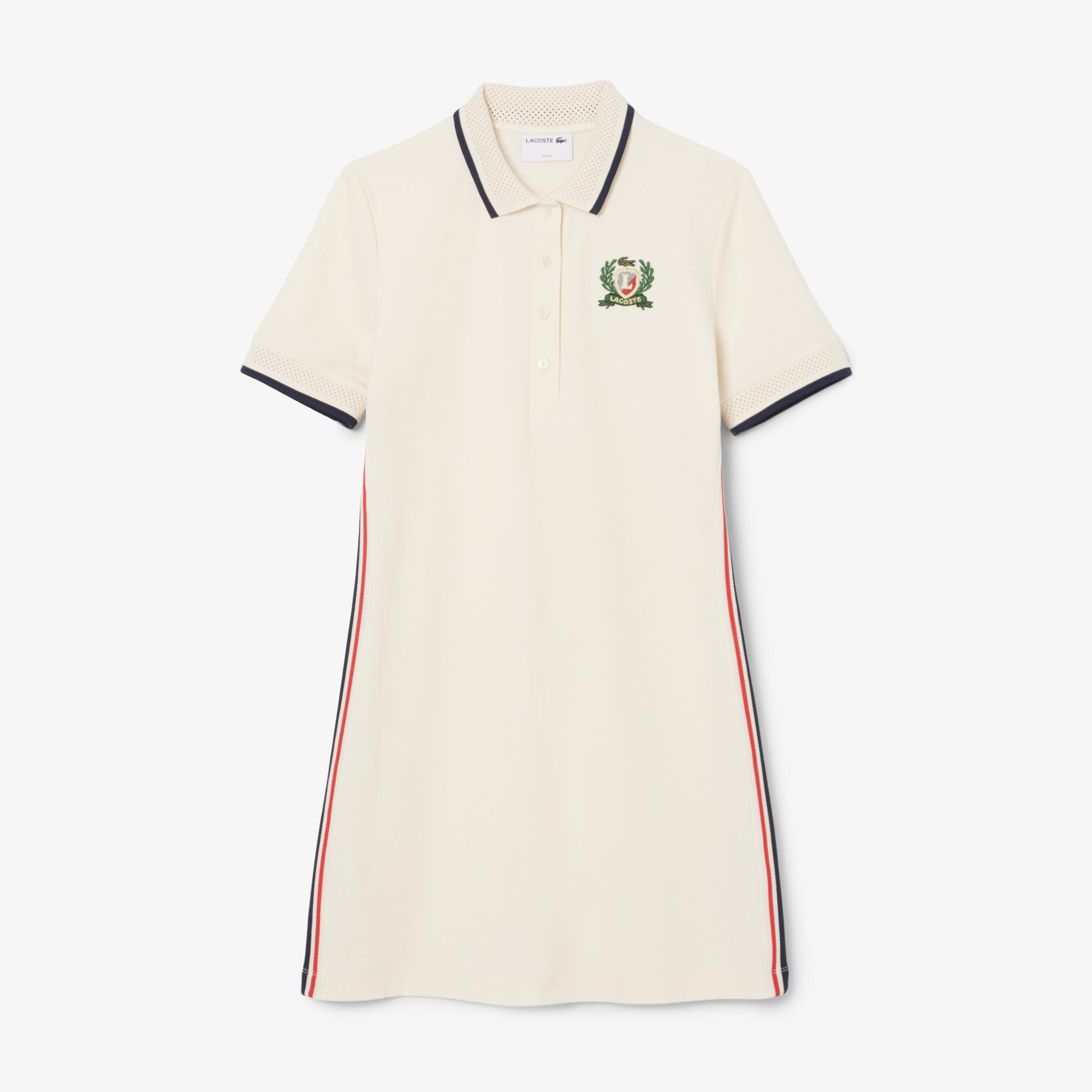 Lacoste Kadın Slim Fit Kısa Kollu Polo Yaka Renk Bloklu Krem Elbise