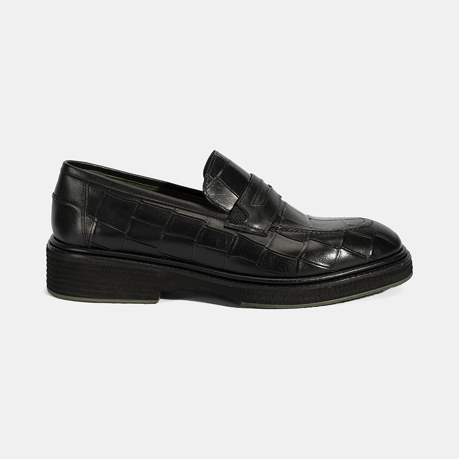 Erkek Siyah Kroko Baskılı Deri Loafer