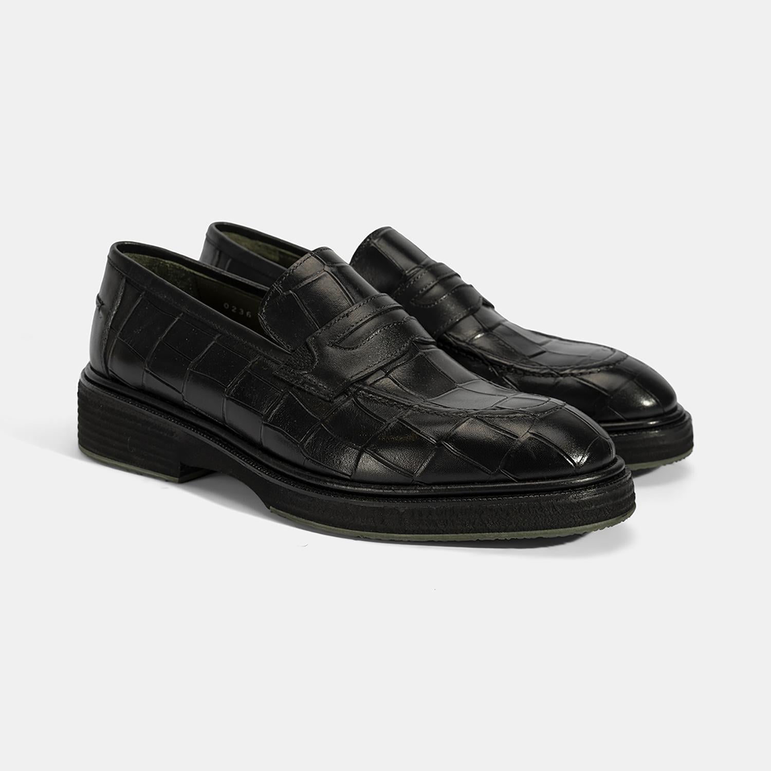 Erkek Siyah Kroko Baskılı Deri Loafer