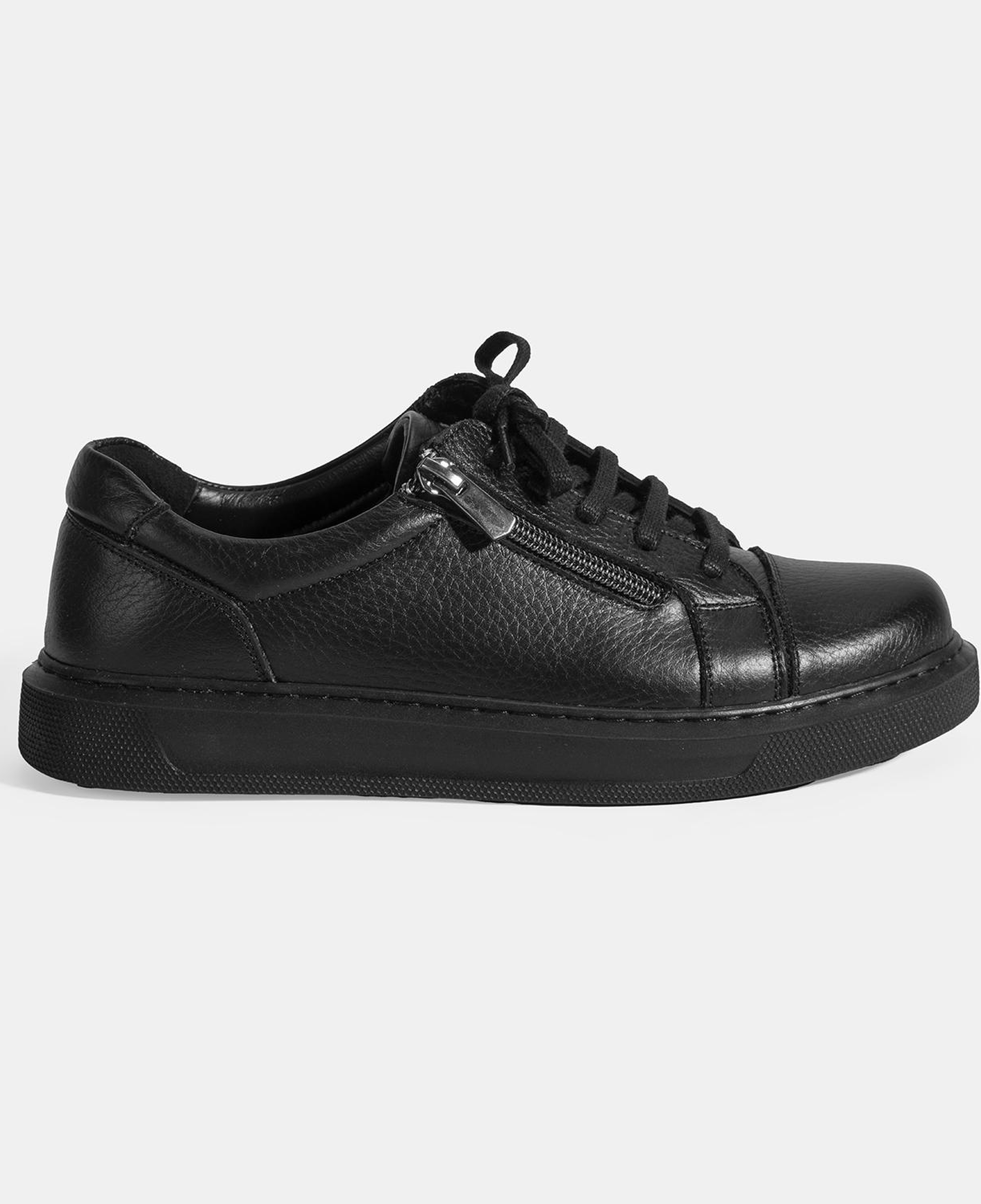 Kadın Siyah Bağcıklı Fermuar Detaylı Deri Günlük Ayakkabı