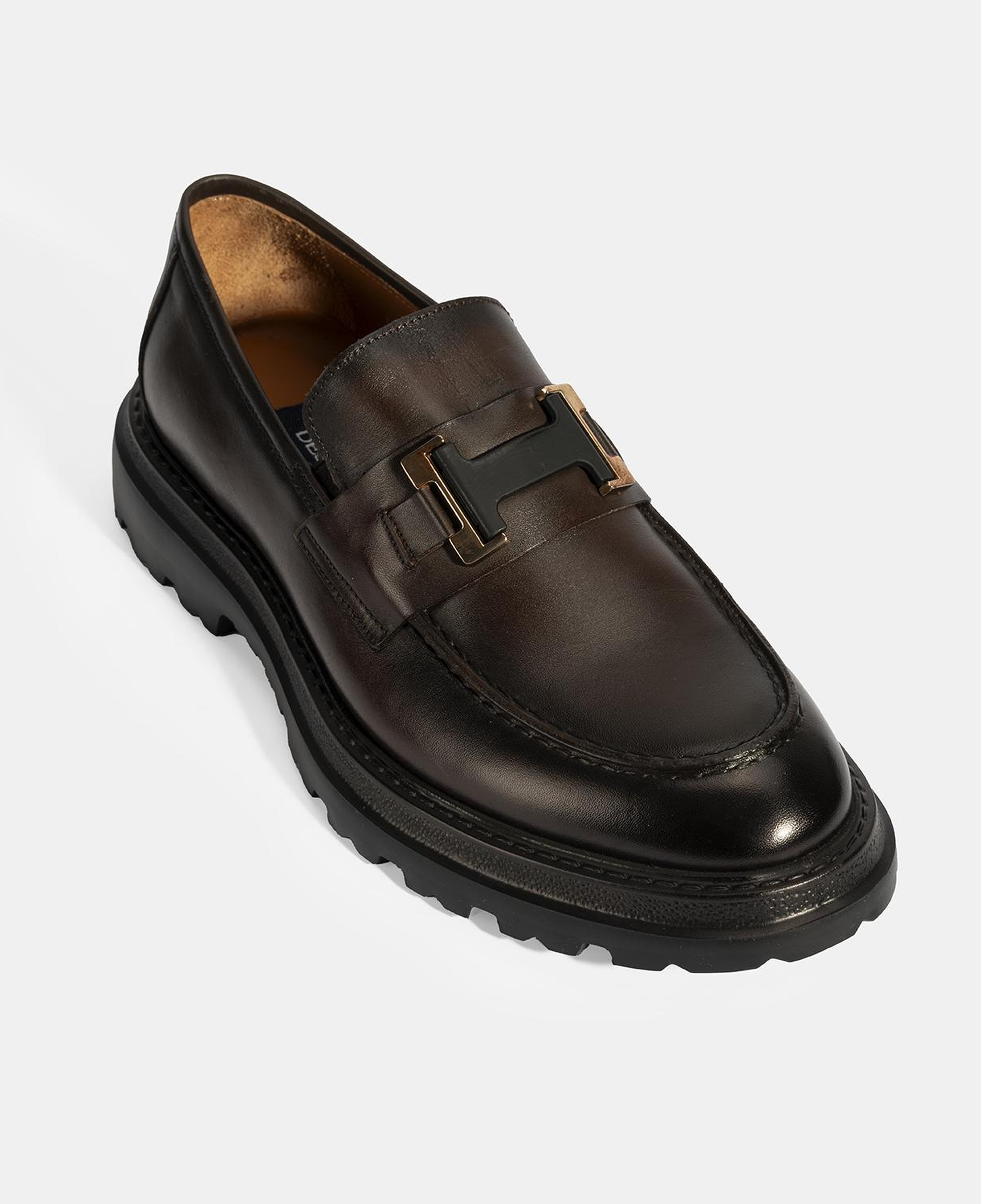 Erkek Kahve Metal Toka Detaylı Deri Loafer