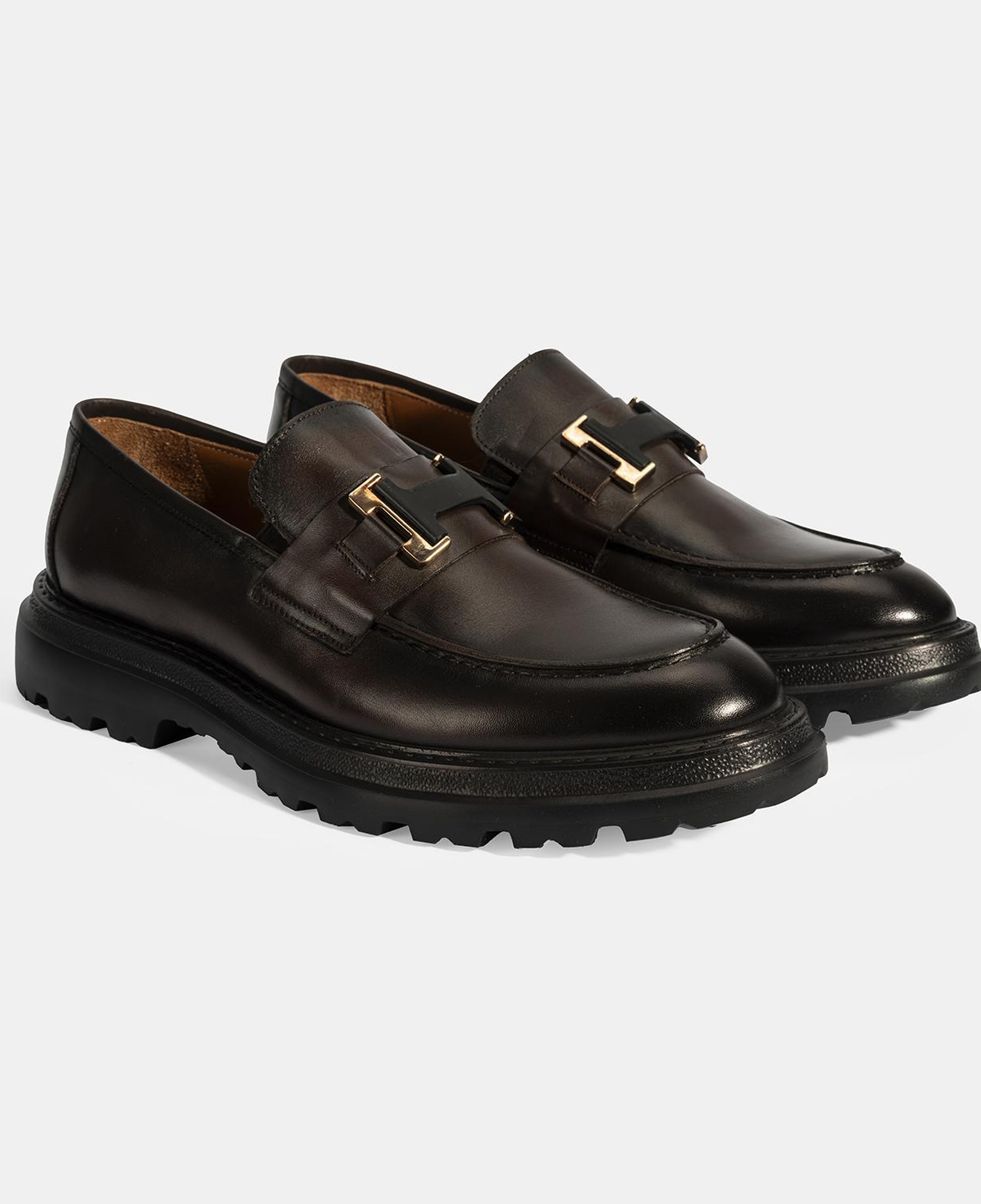 Erkek Kahve Metal Toka Detaylı Deri Loafer