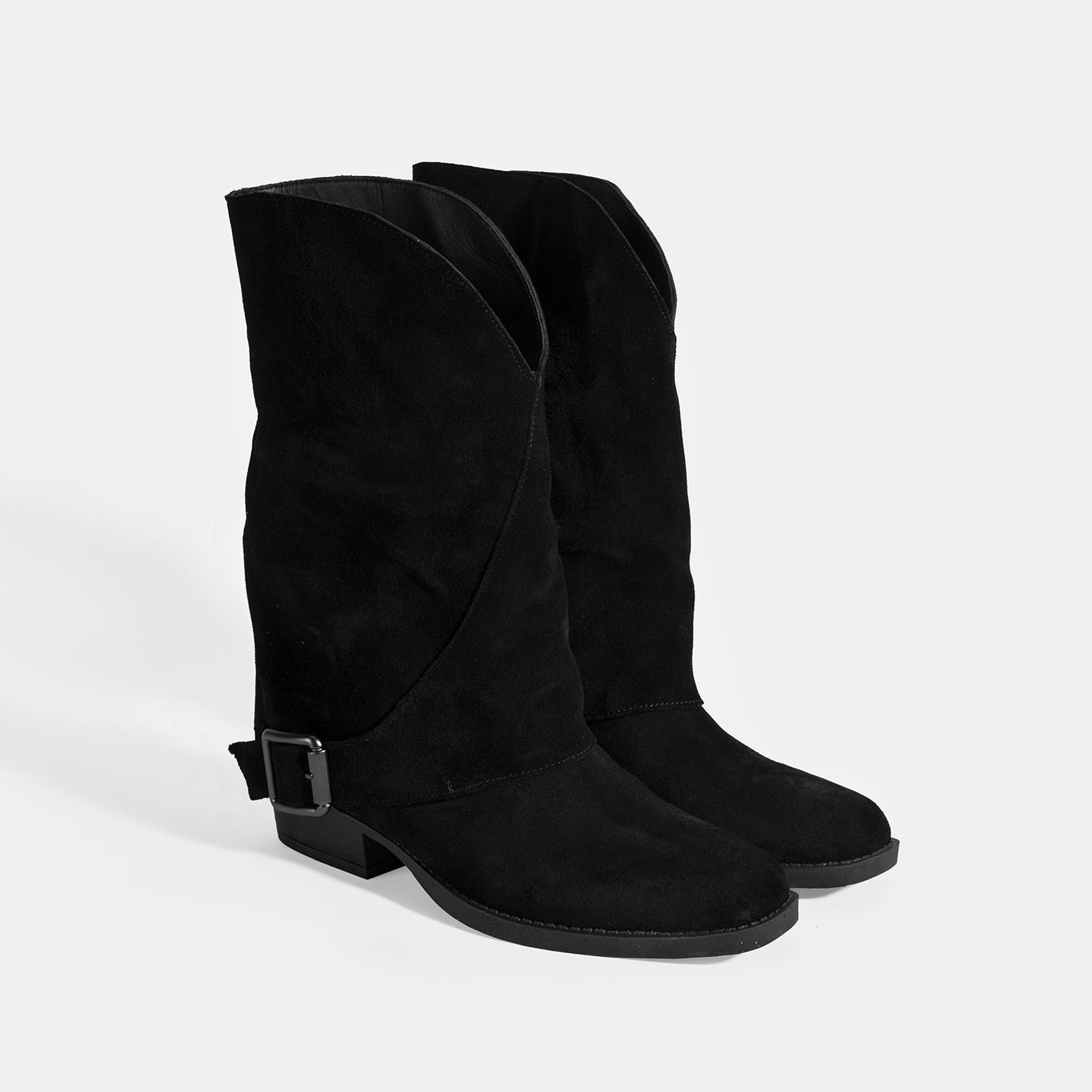 Kadın Siyah Katlama Detaylı Süet Bot