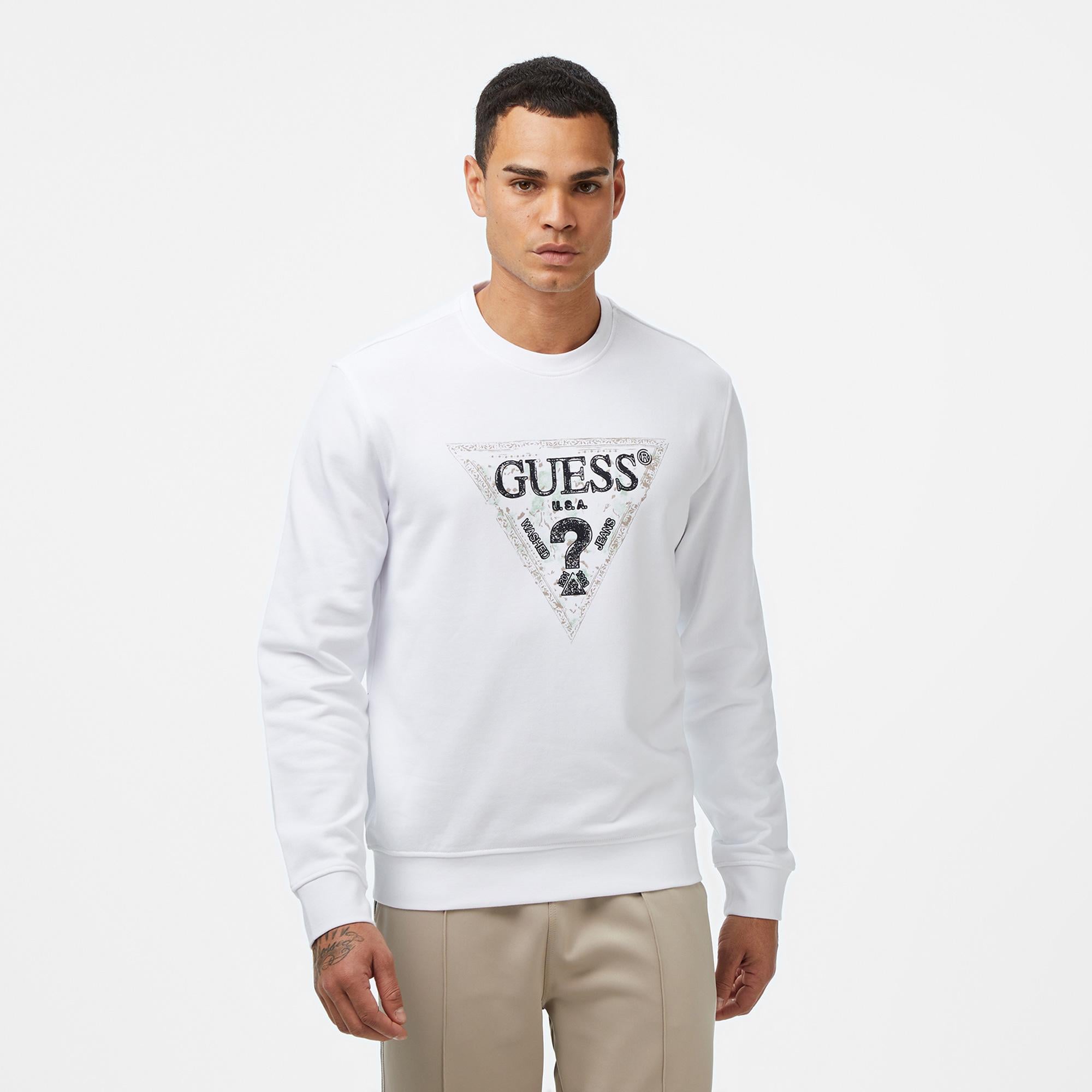 Guess Triangle Erkek Beyaz Sweatshirt