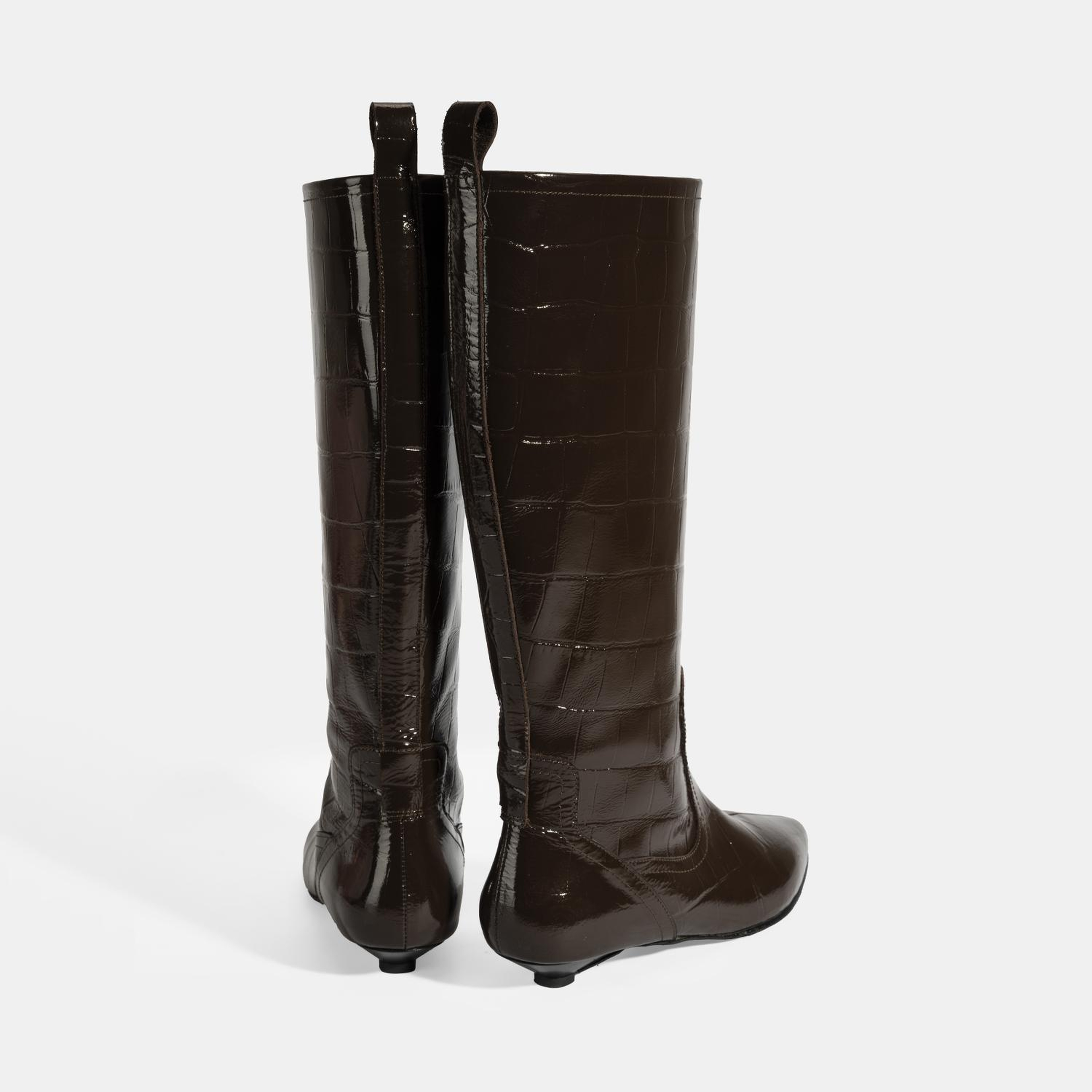 Kadın Kahve Kroko Baskılı İnce Topuklu Rugan Deri Çizme