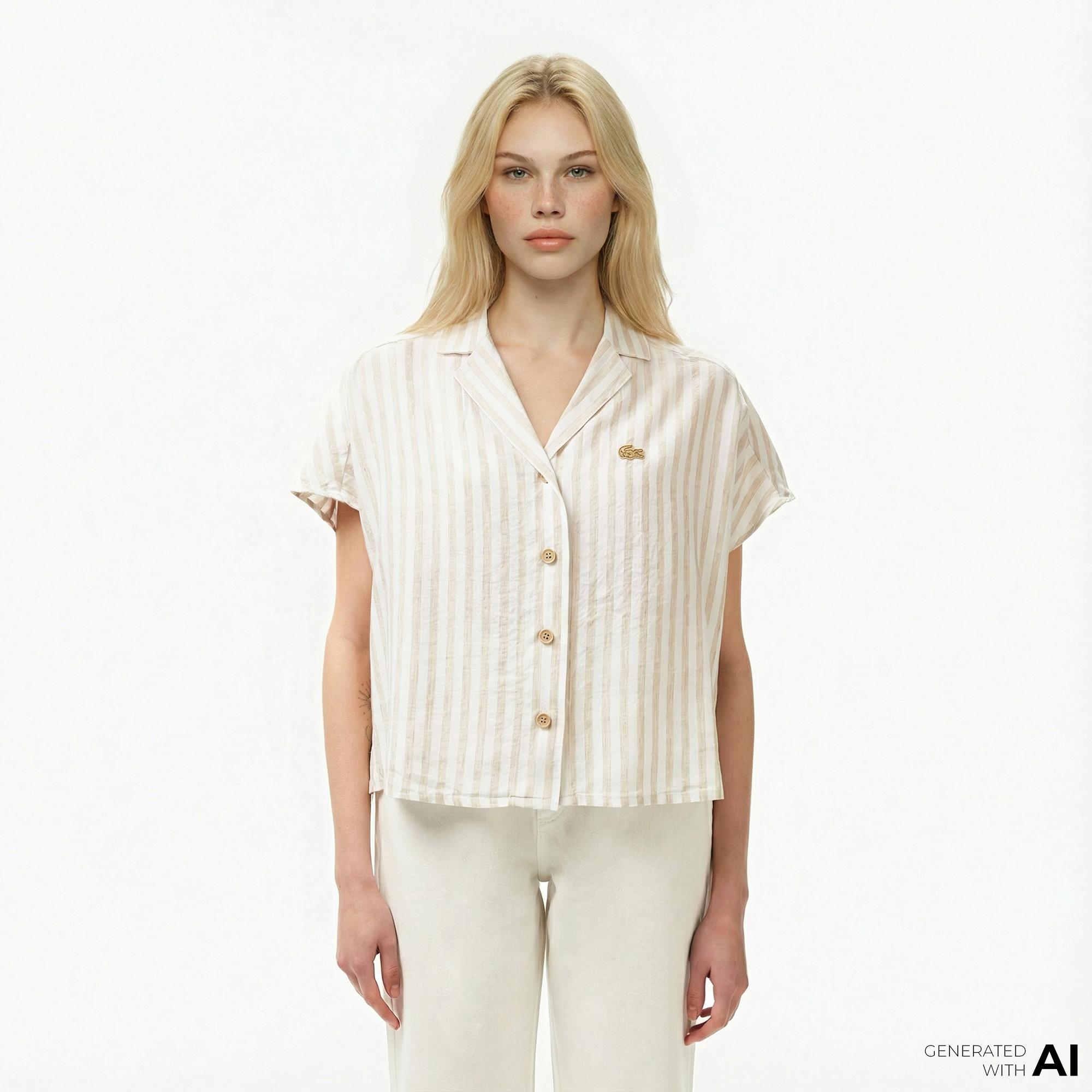 Lacoste Kadın Regular Fit Kısa Kollu Çizgili Keten Bej Gömlek