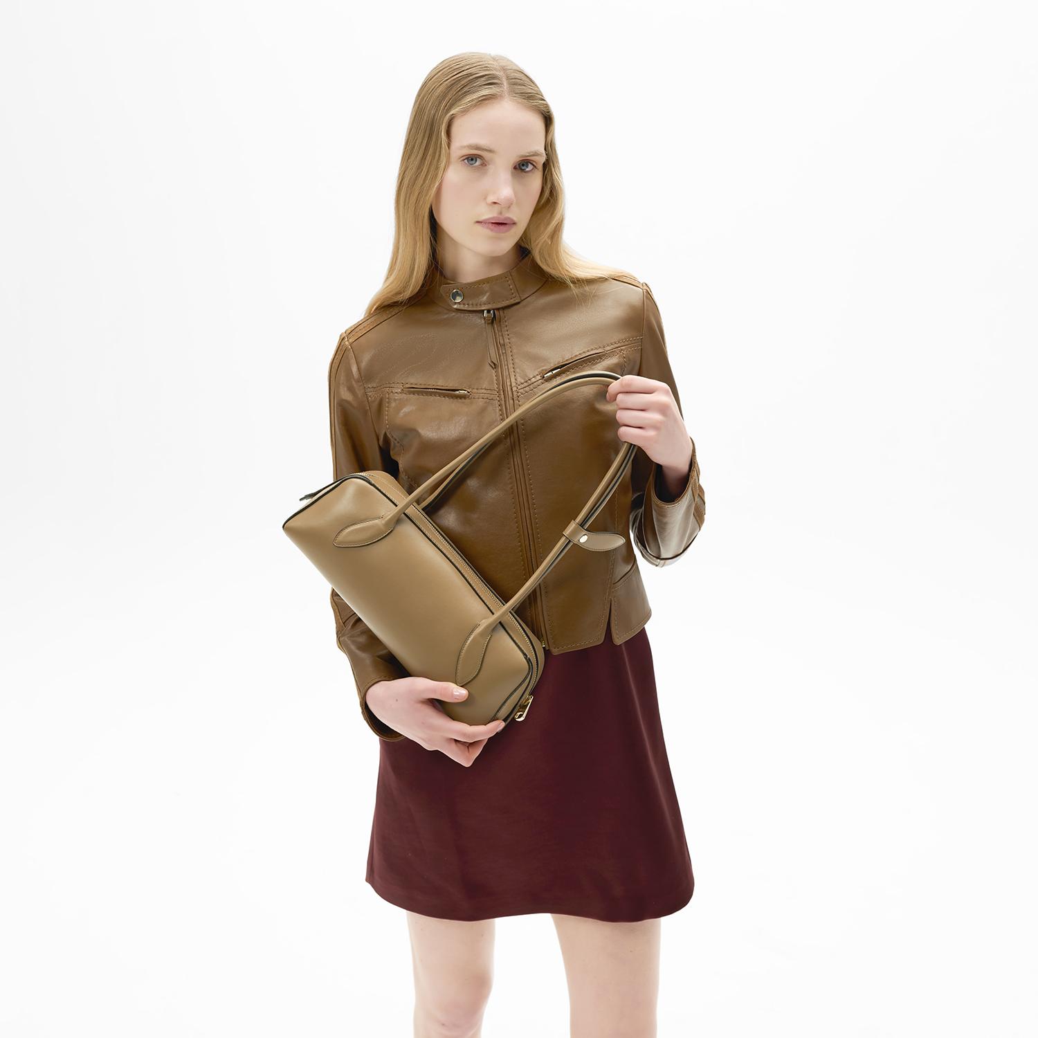 Kadın Taba Deri Biker Ceket