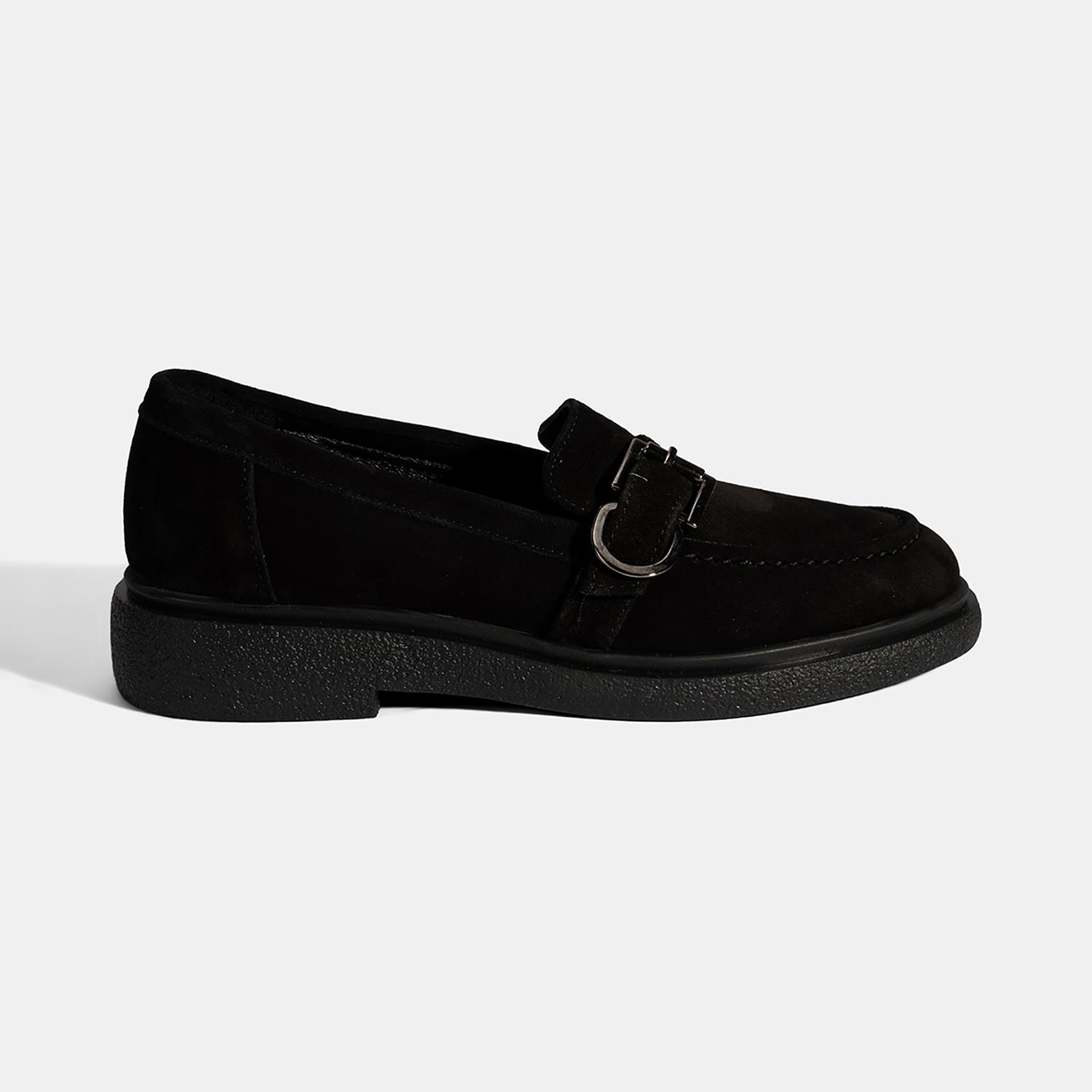 Kadın Siyah Metal Toka Detaylı Süet Loafer