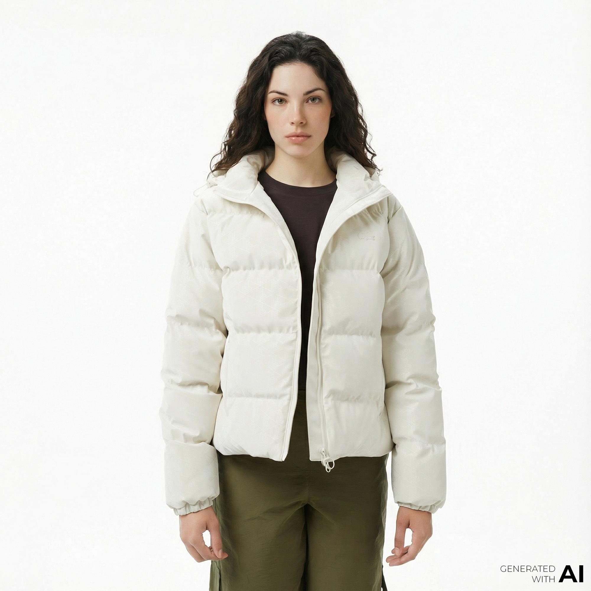 Lacoste Kadın Kapüşonlu Monogram Beyaz Mont