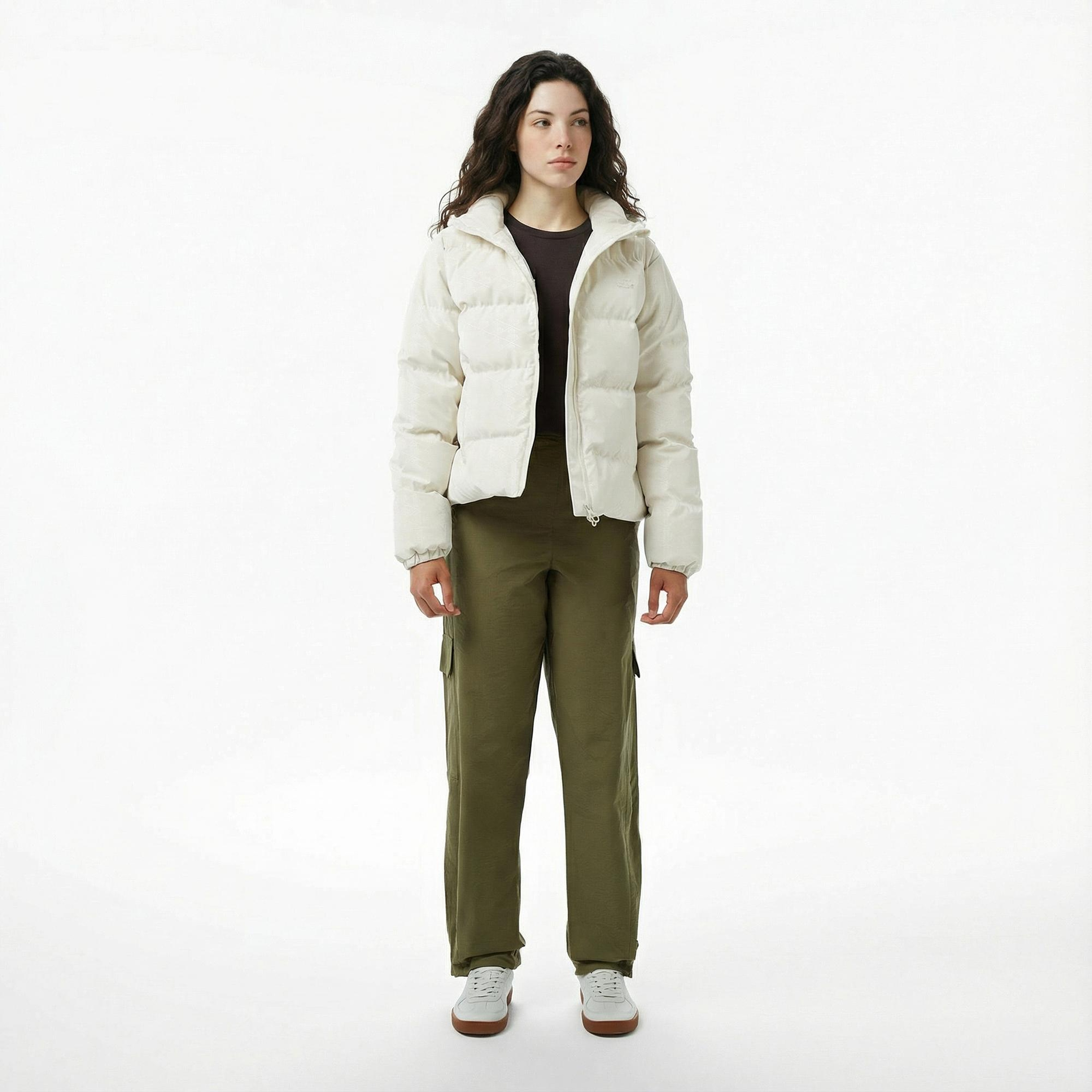 Lacoste Kadın Kapüşonlu Monogram Beyaz Mont