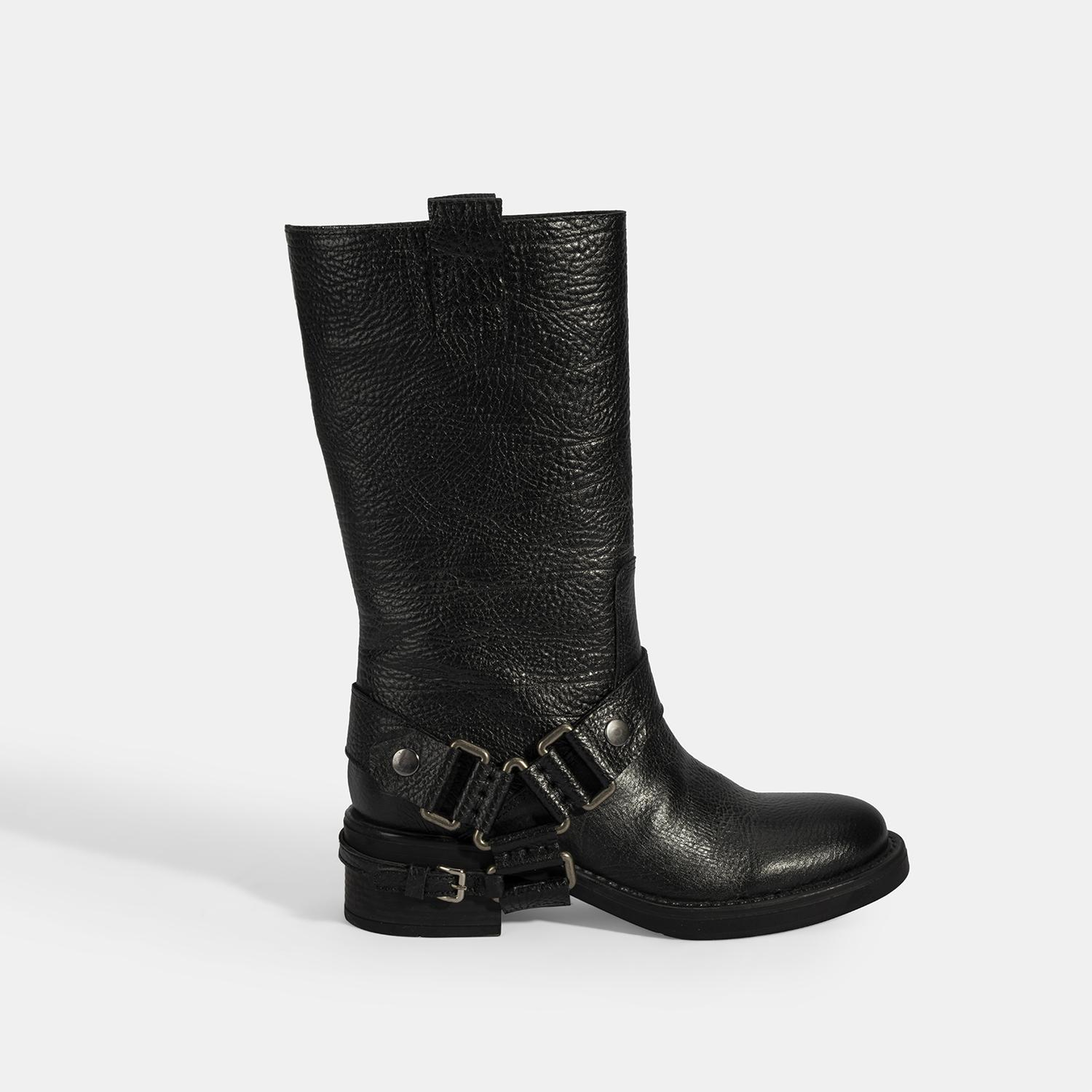 Kadın Siyah Metal Aksesuarlı Deri Biker Bot