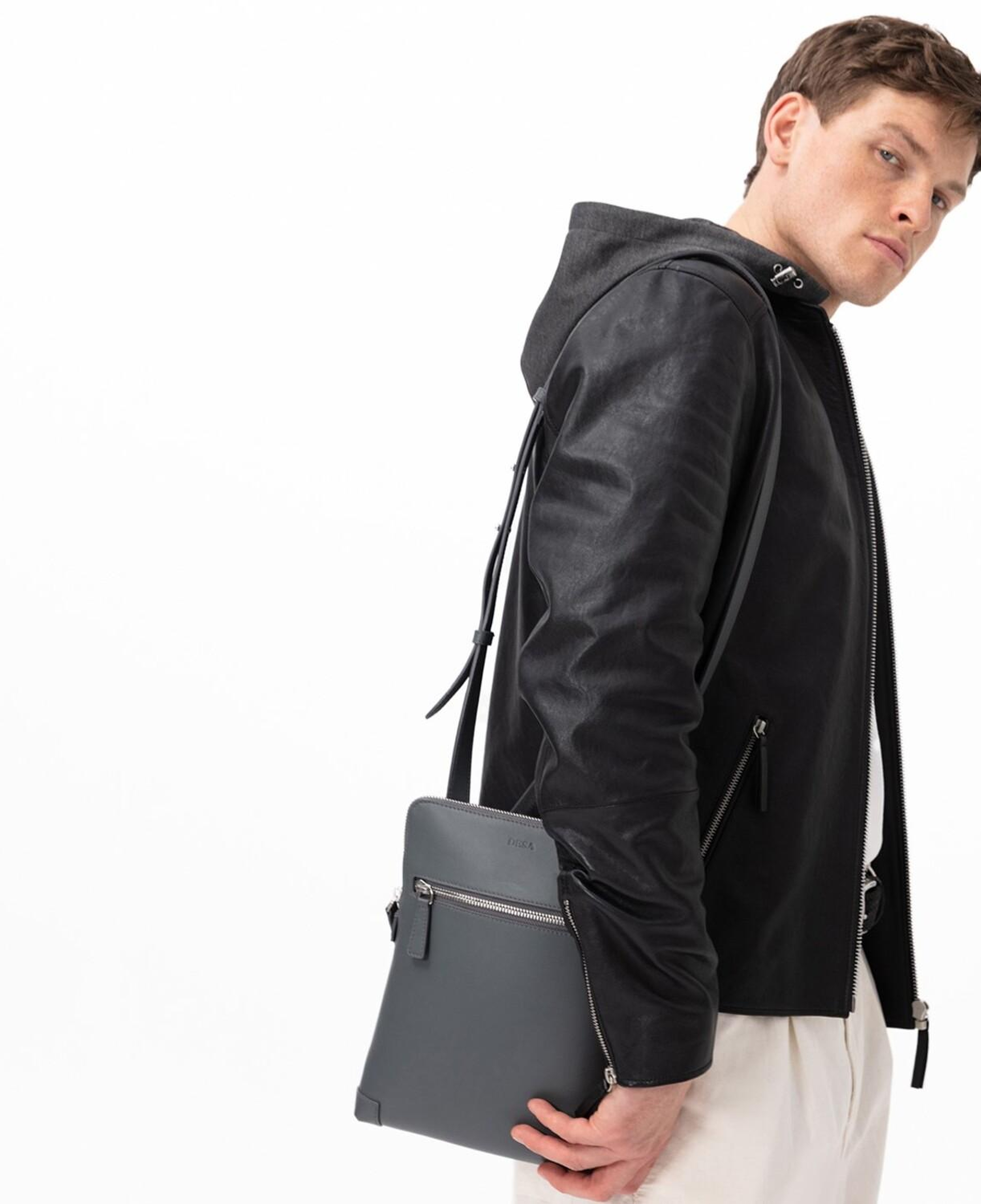 Aimone Siyah Erkek Kapüşonlu Deri Ceket