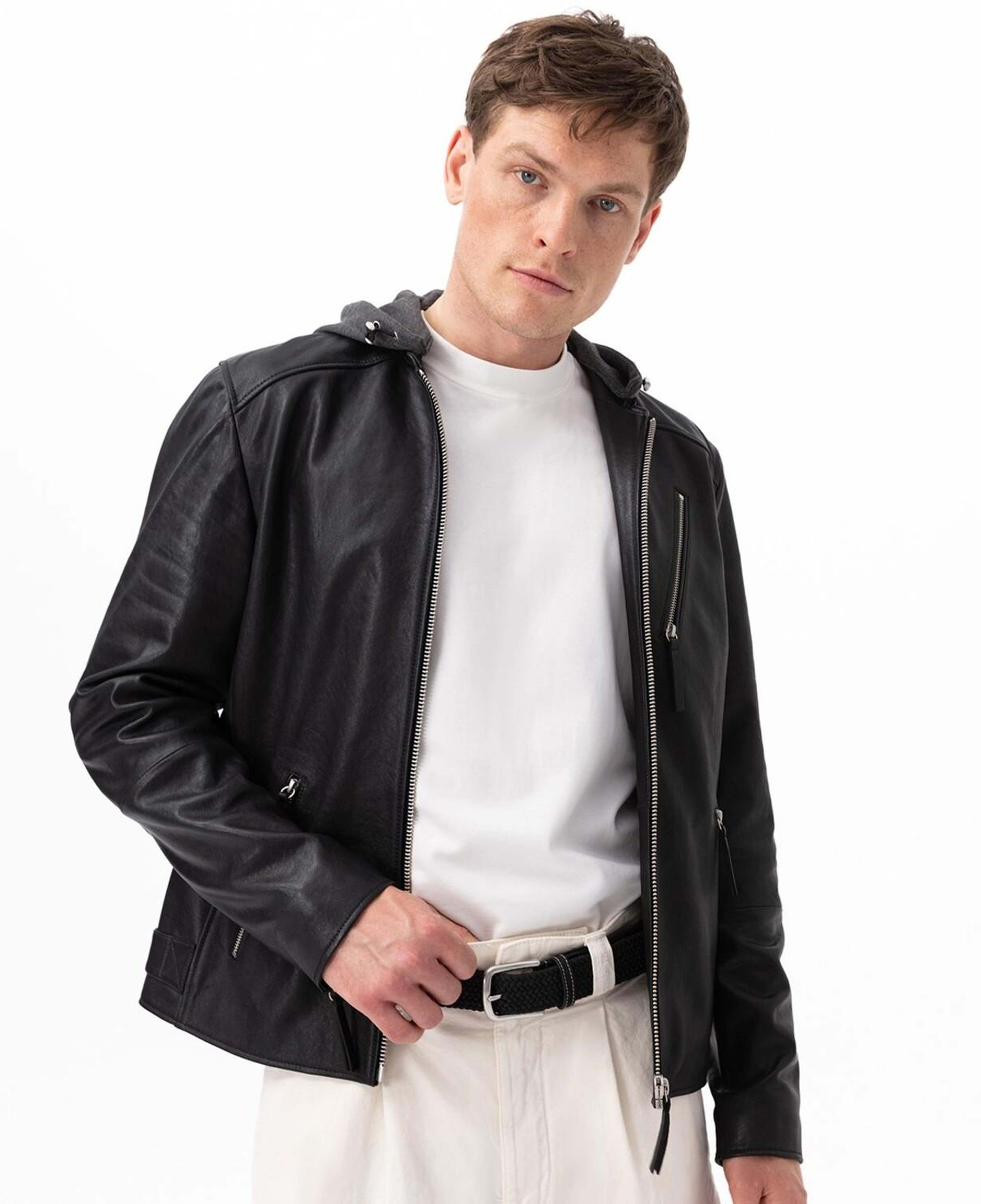 Aimone Siyah Erkek Kapüşonlu Deri Ceket