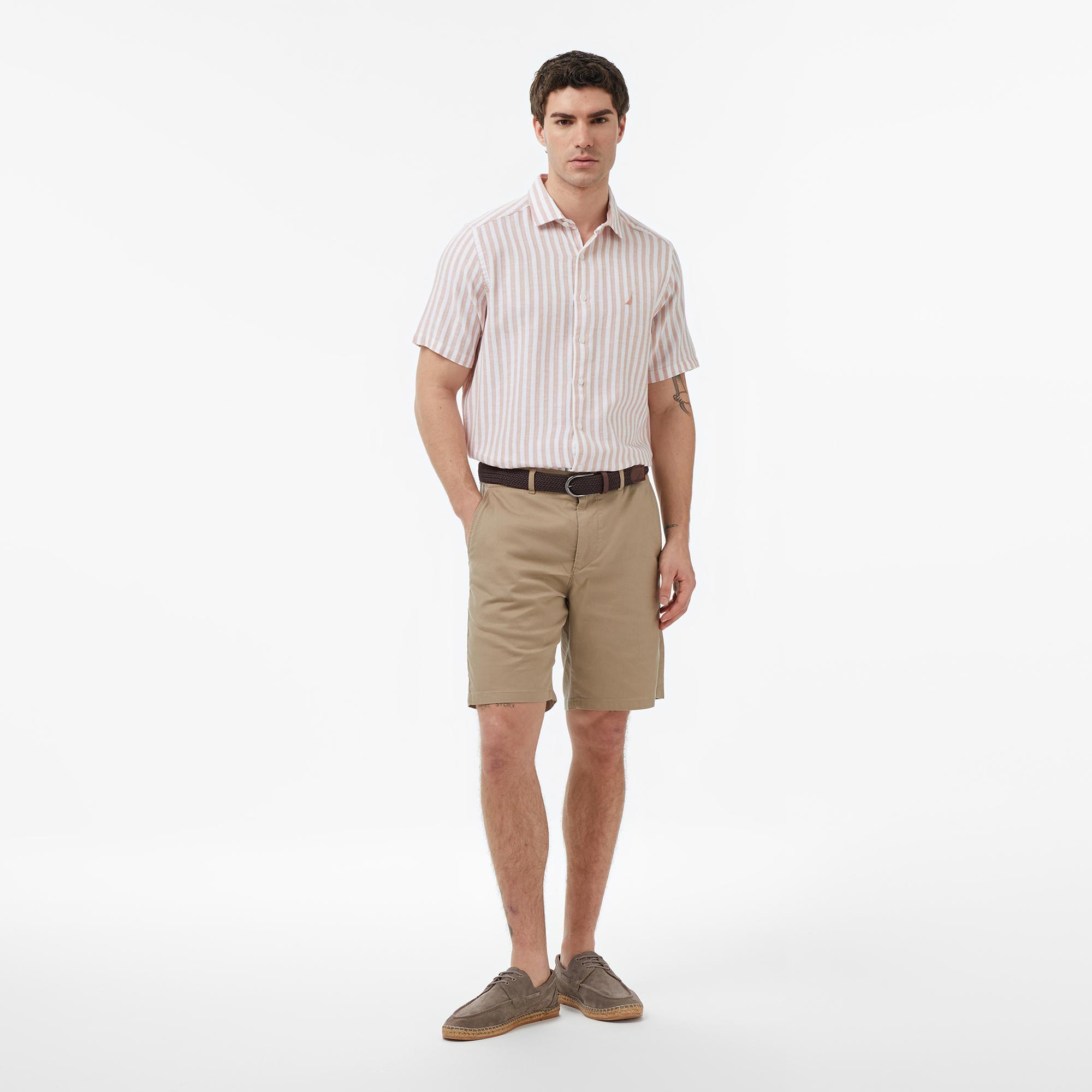 Nautica Erkek Bej Regular Fit Kısa Kollu Çizgili Gömlek