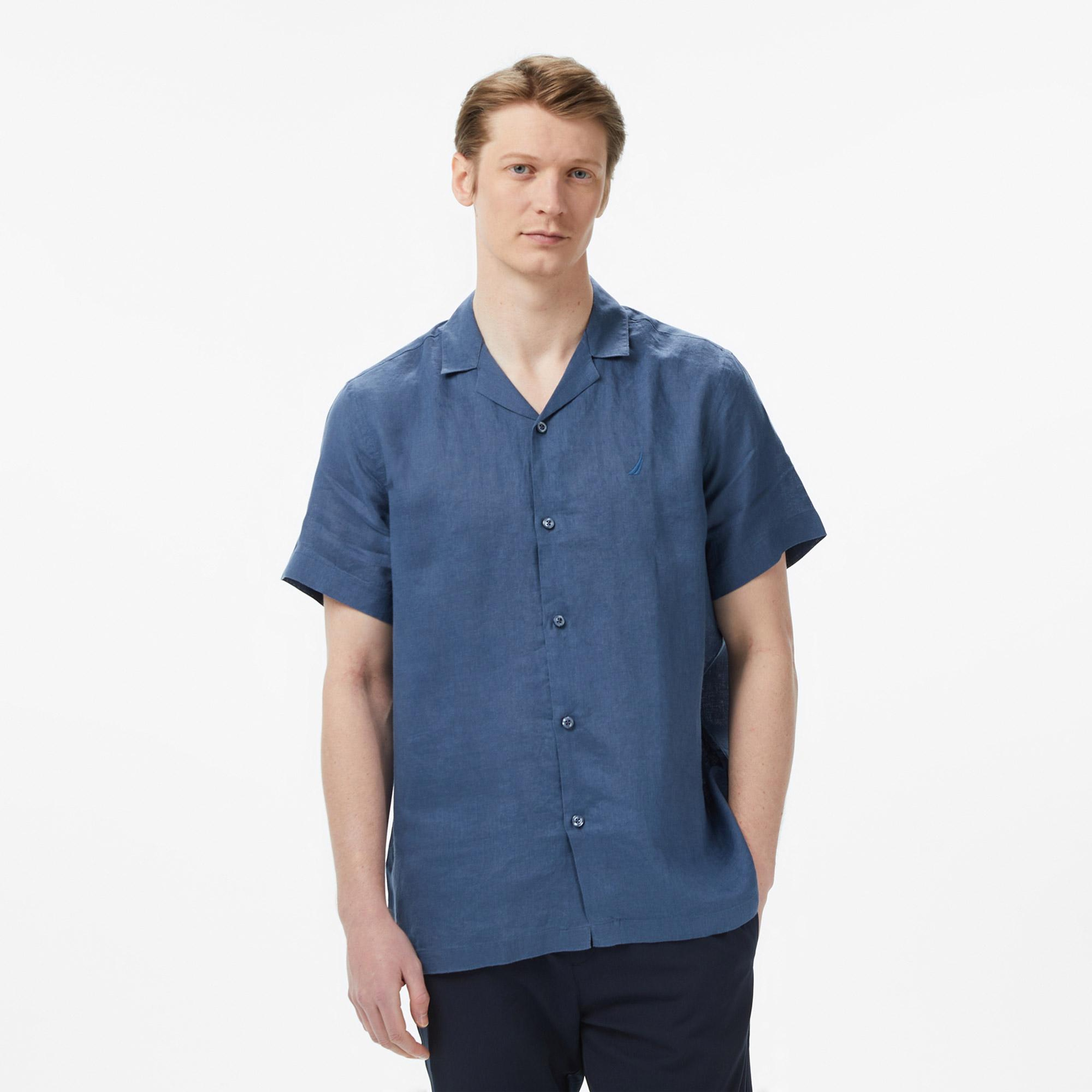 Nautica Erkek Mavi Regular Fit Kısa Kollu Keten Gömlek
