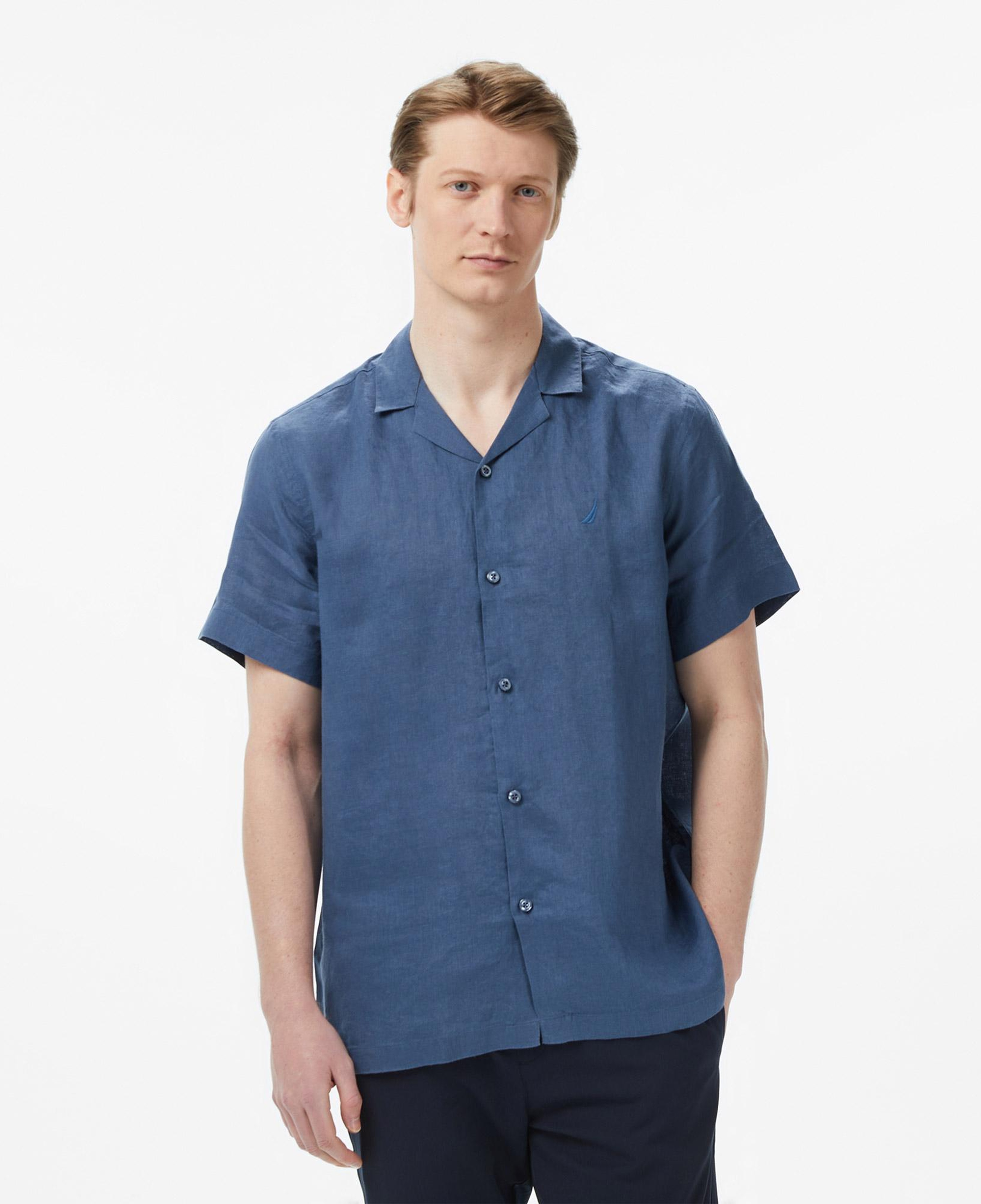 Nautica Erkek Mavi Regular Fit Kısa Kollu Keten Gömlek