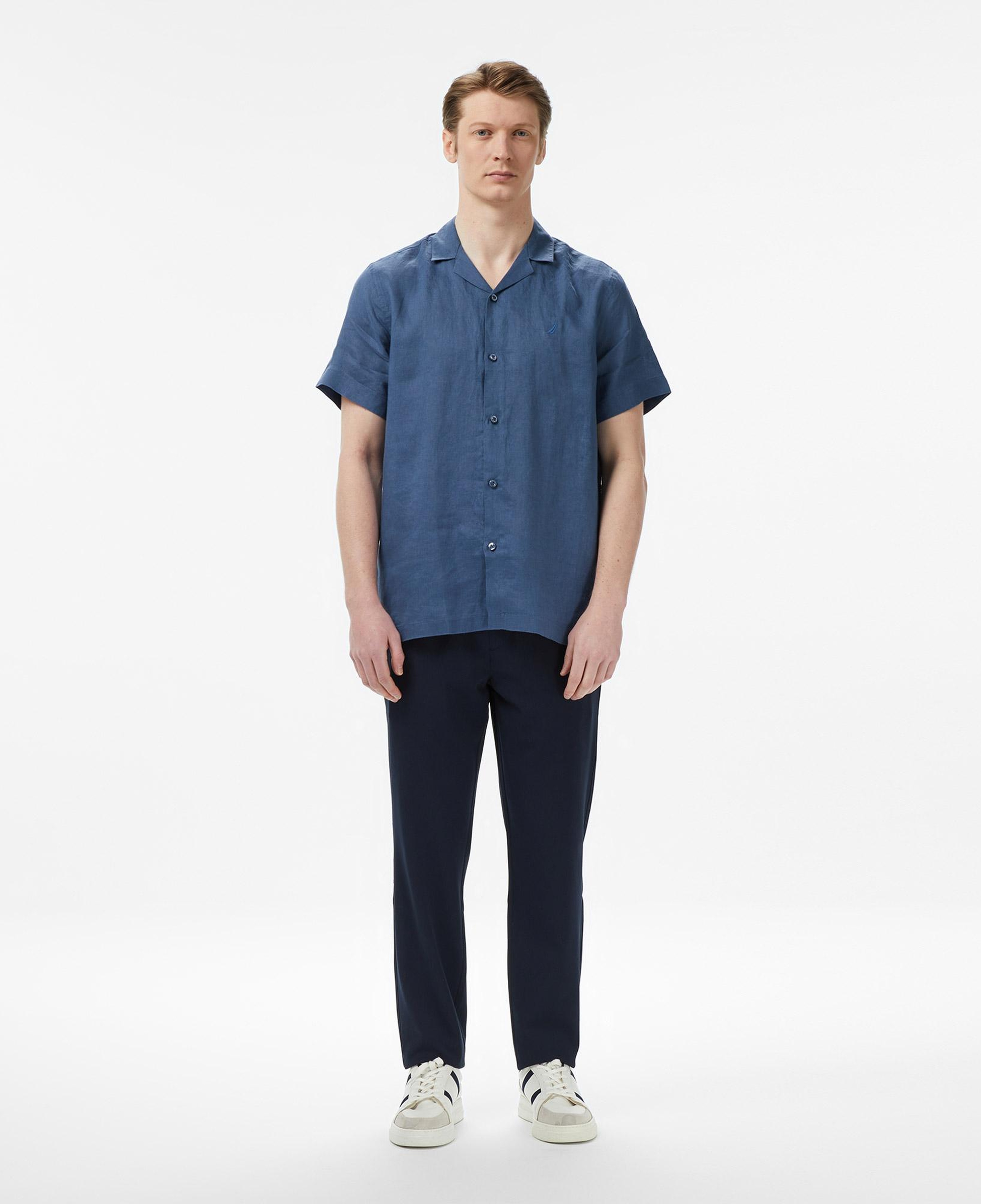 Nautica Erkek Mavi Regular Fit Kısa Kollu Keten Gömlek