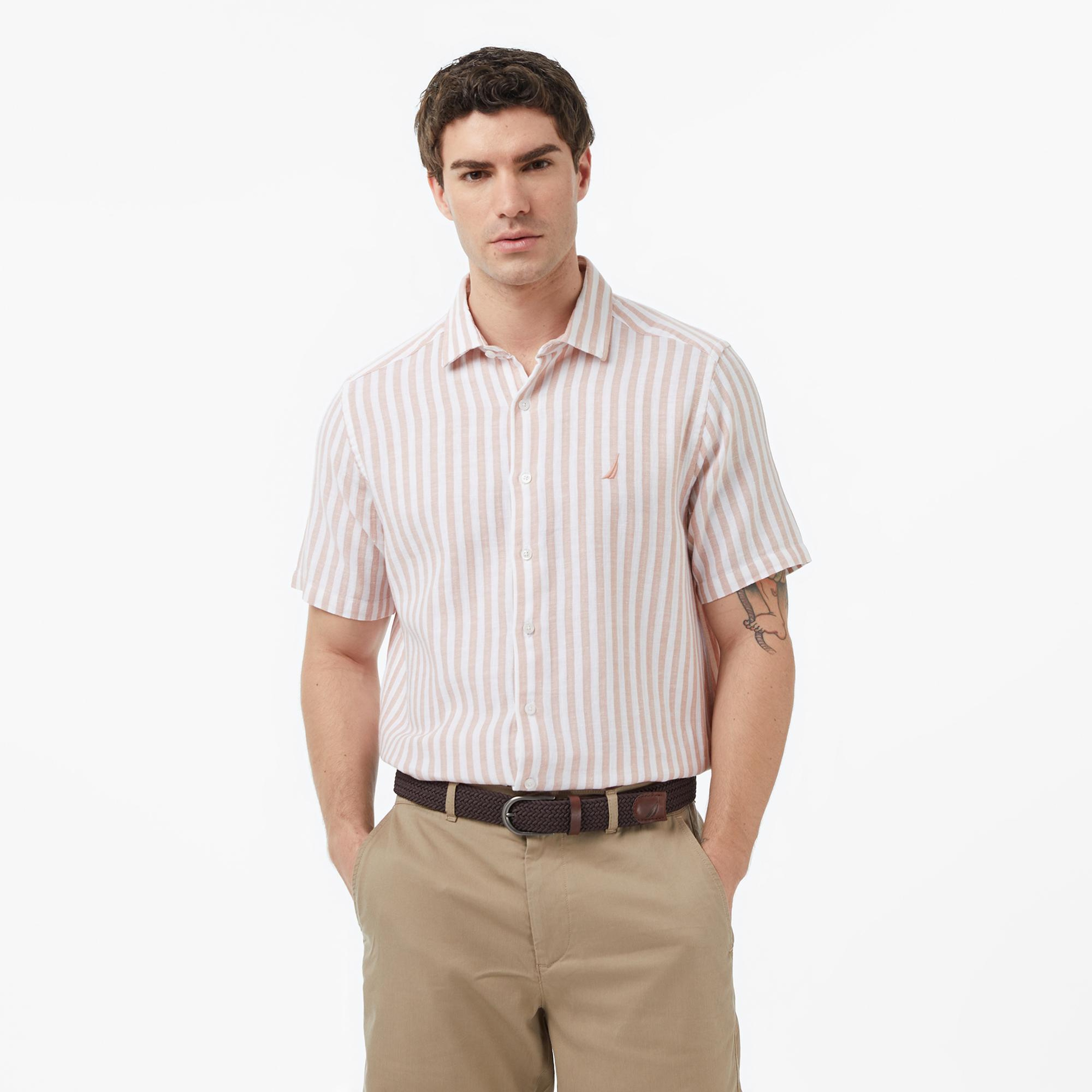 Nautica Erkek Bej Regular Fit Kısa Kollu Çizgili Gömlek
