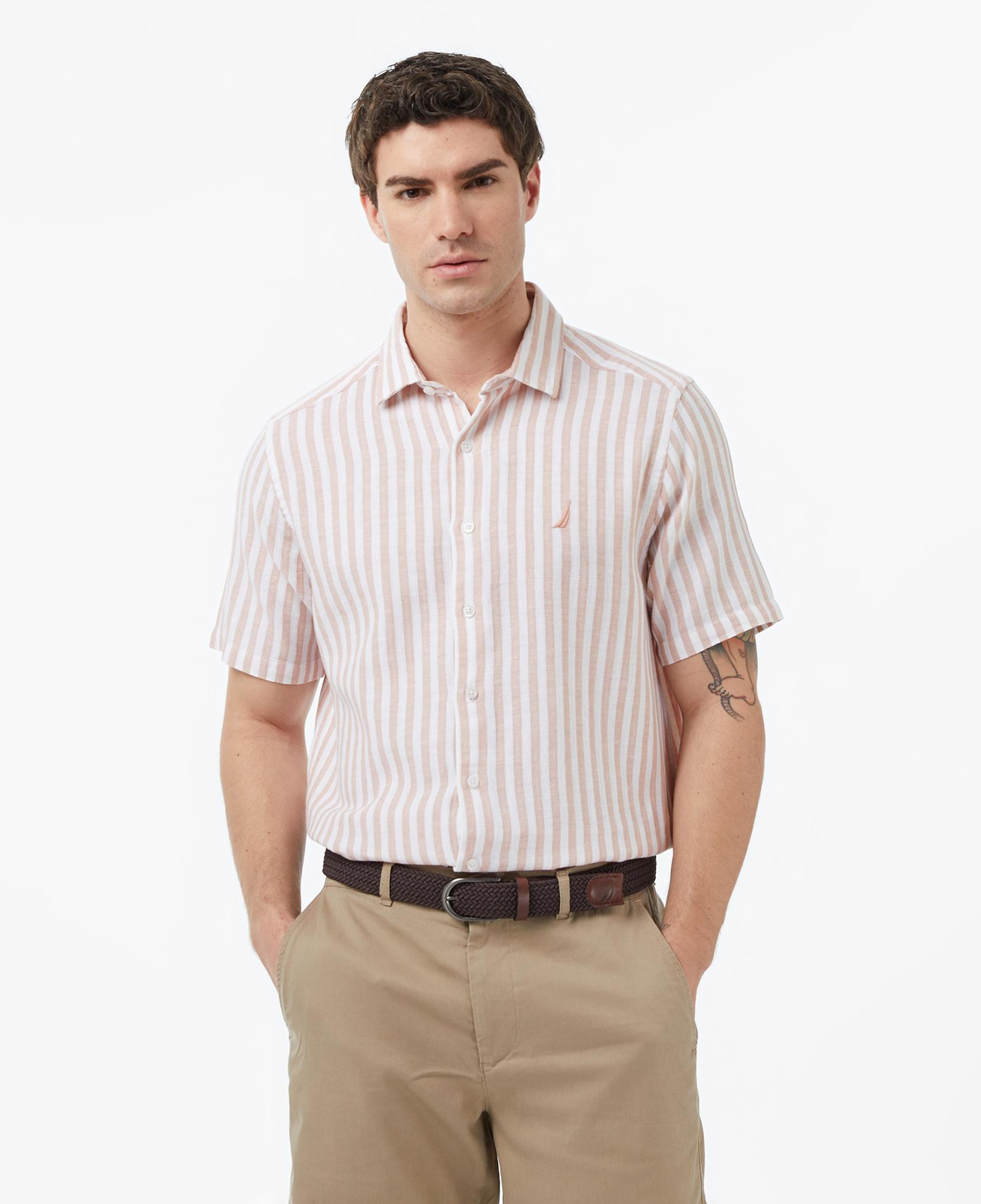 Nautica Erkek Bej Regular Fit Kısa Kollu Çizgili Gömlek