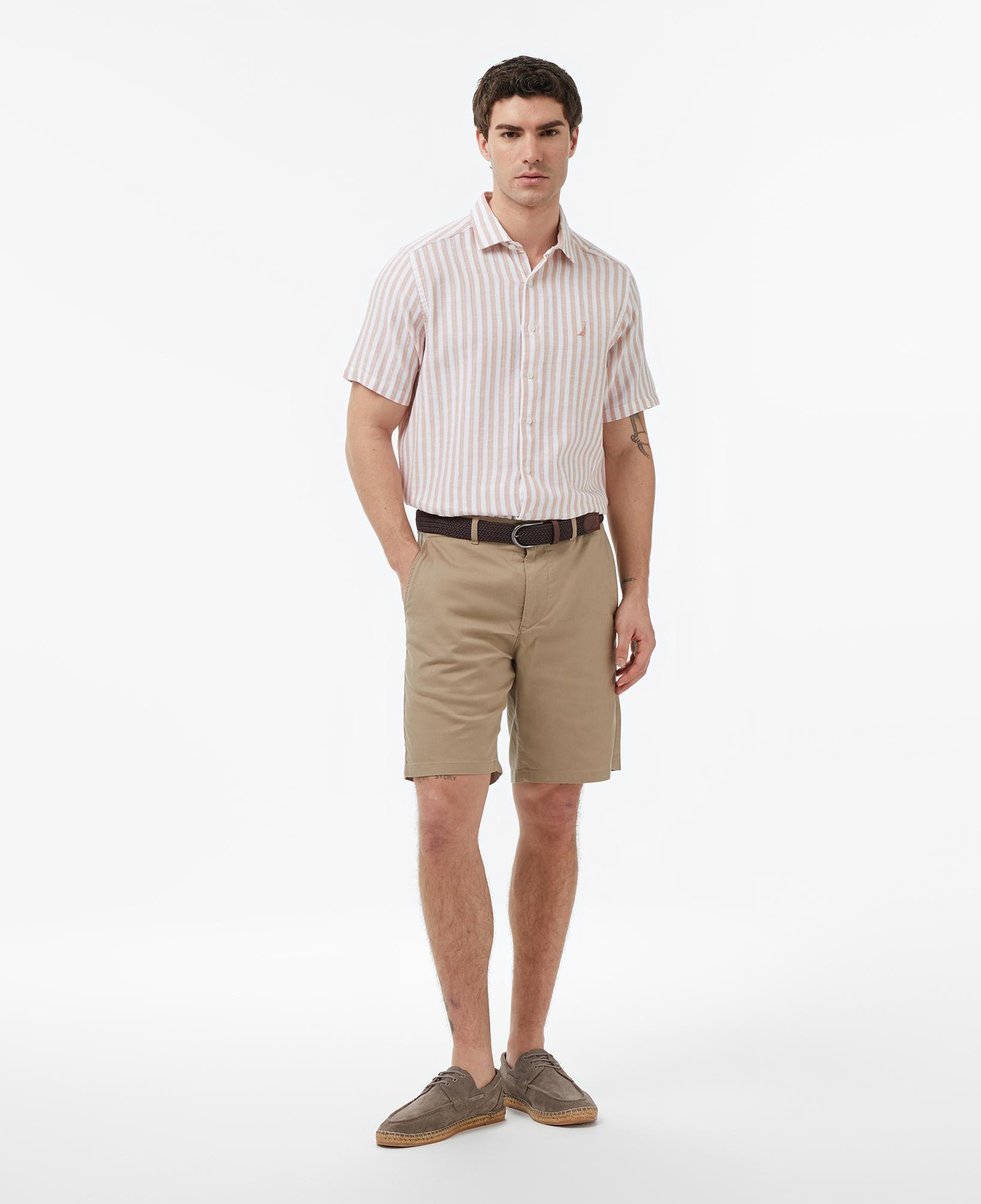 Nautica Erkek Bej Regular Fit Kısa Kollu Çizgili Gömlek