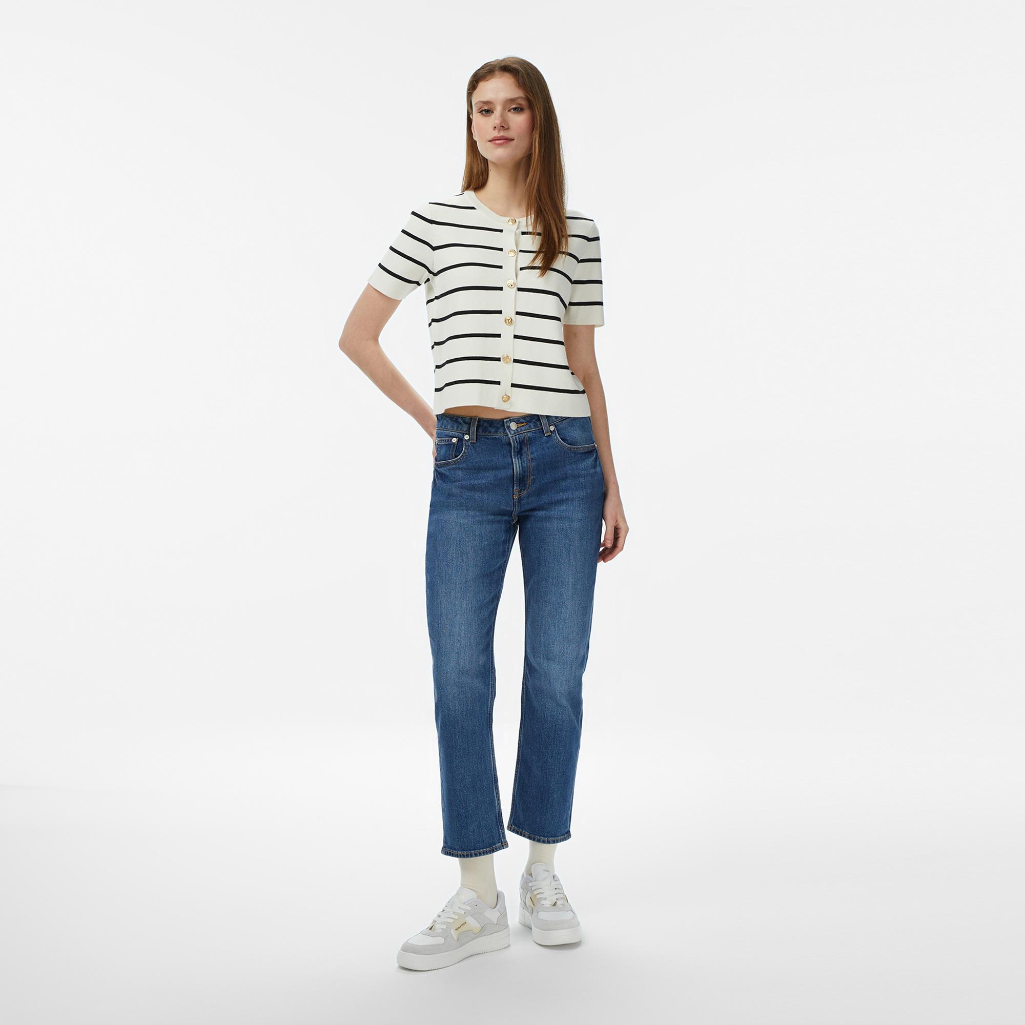 Nautica Kadın Krem Slim Fit Kısa Kollu Çizgili Triko Hırka