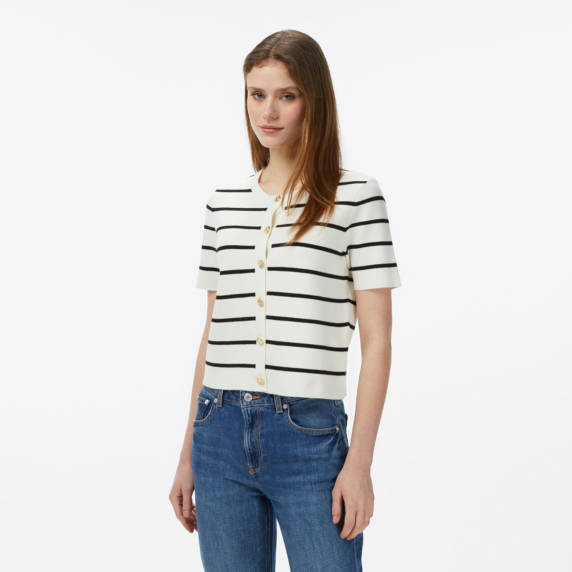 Nautica Kadın Krem Slim Fit Kısa Kollu Çizgili Triko Hırka