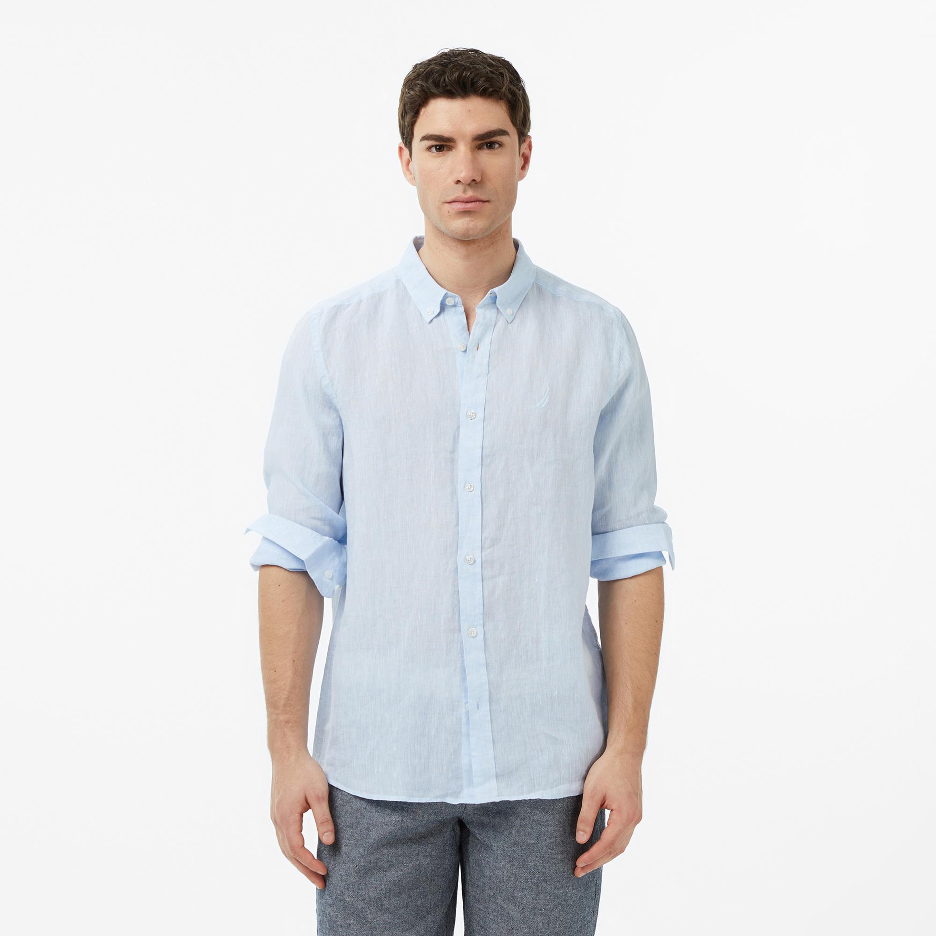 Nautica Erkek Mavi Regular Fit Keten Gömlek