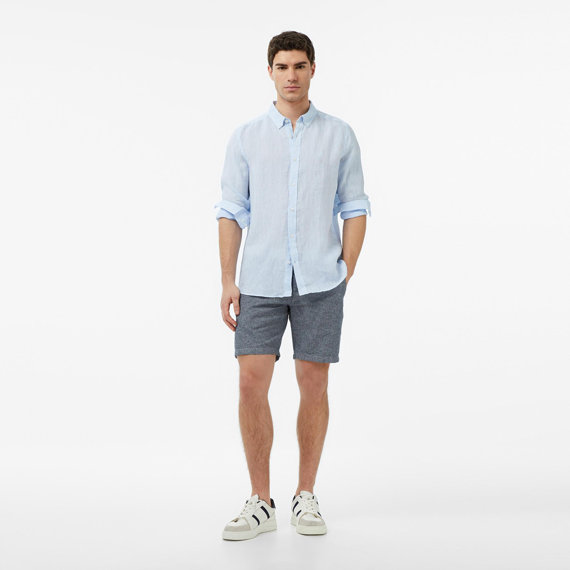 Nautica Erkek Mavi Regular Fit Keten Gömlek