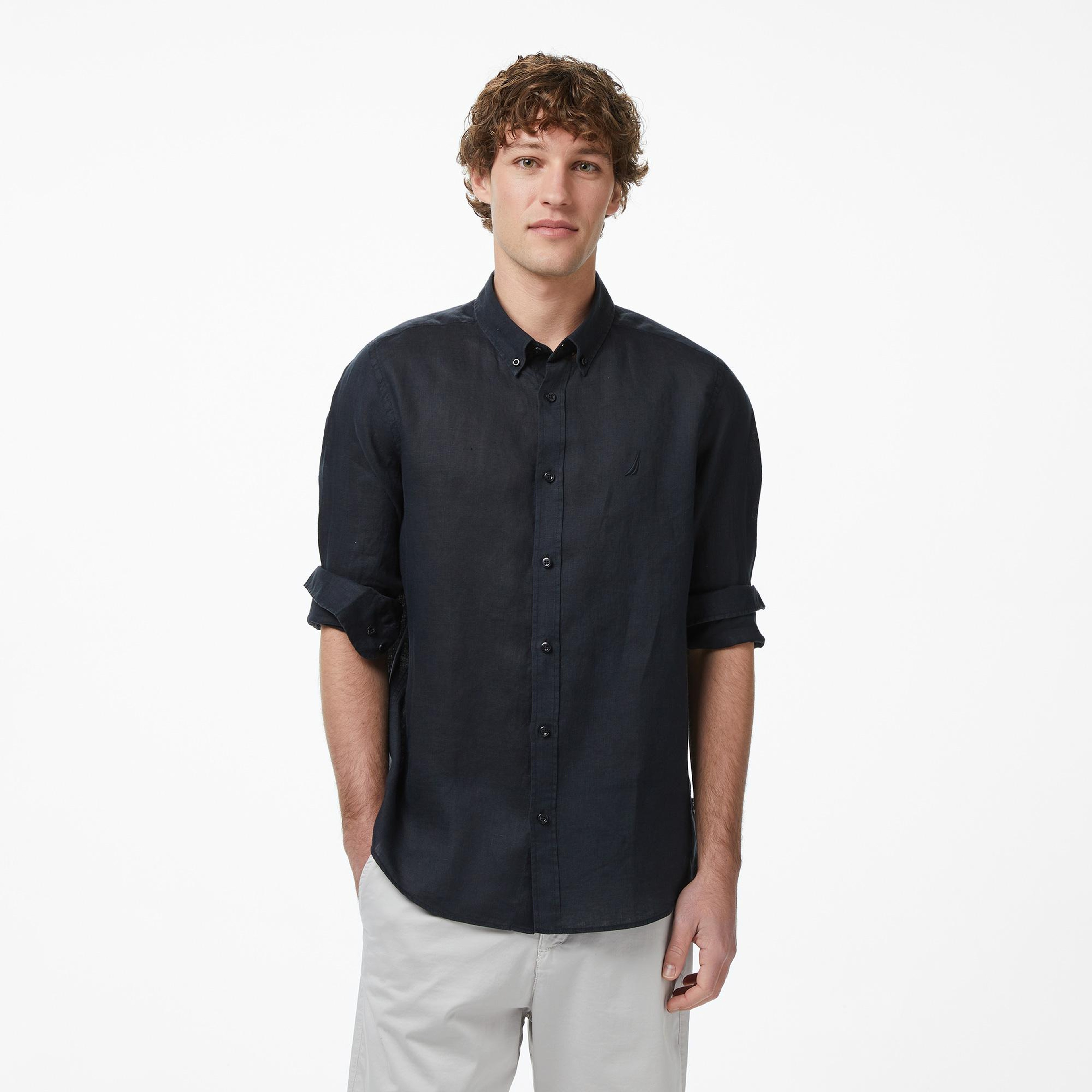 Nautica Erkek Siyah Regular Fit Keten Gömlek