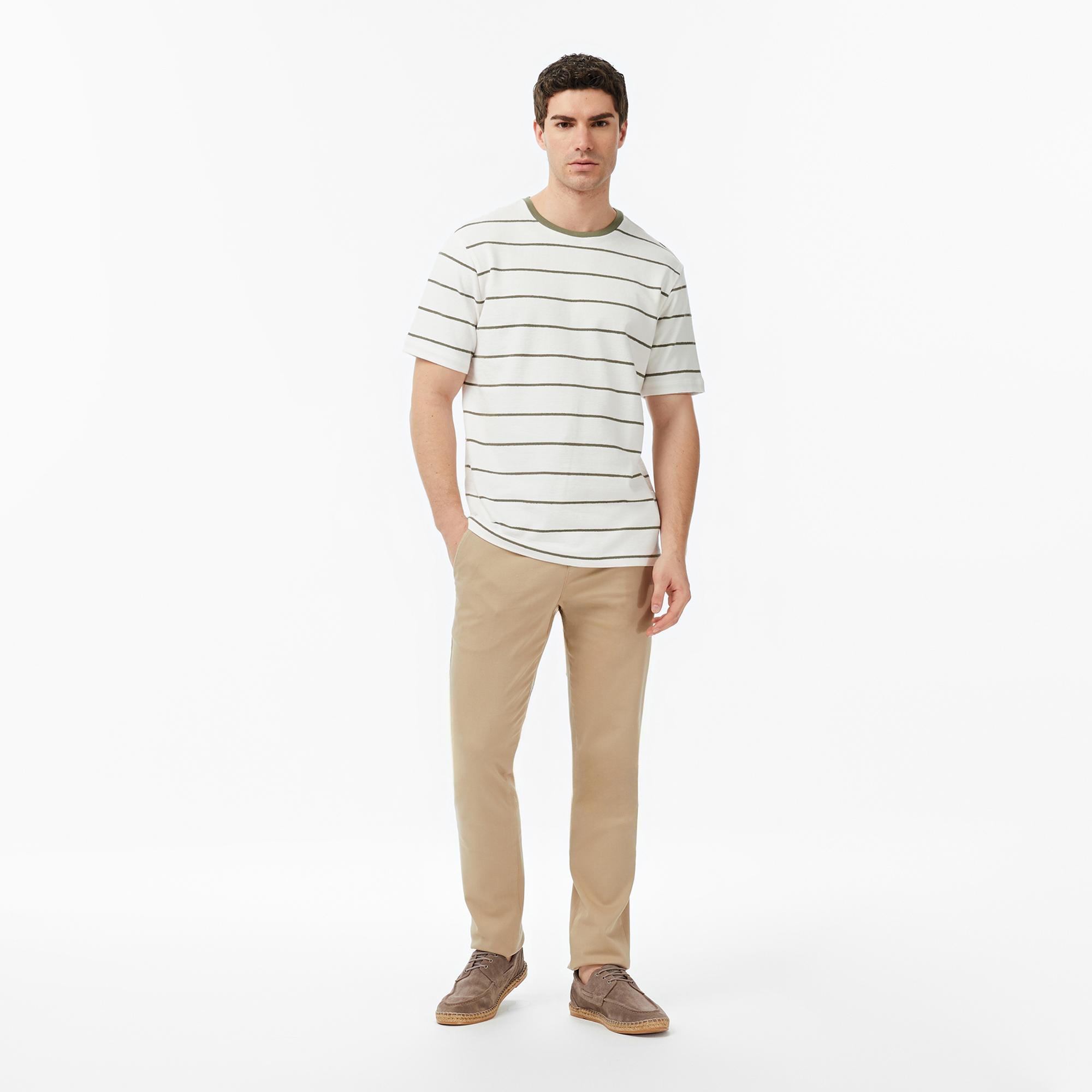 Nautica Erkek Krem Regular Fit Çizgili T-Shirt