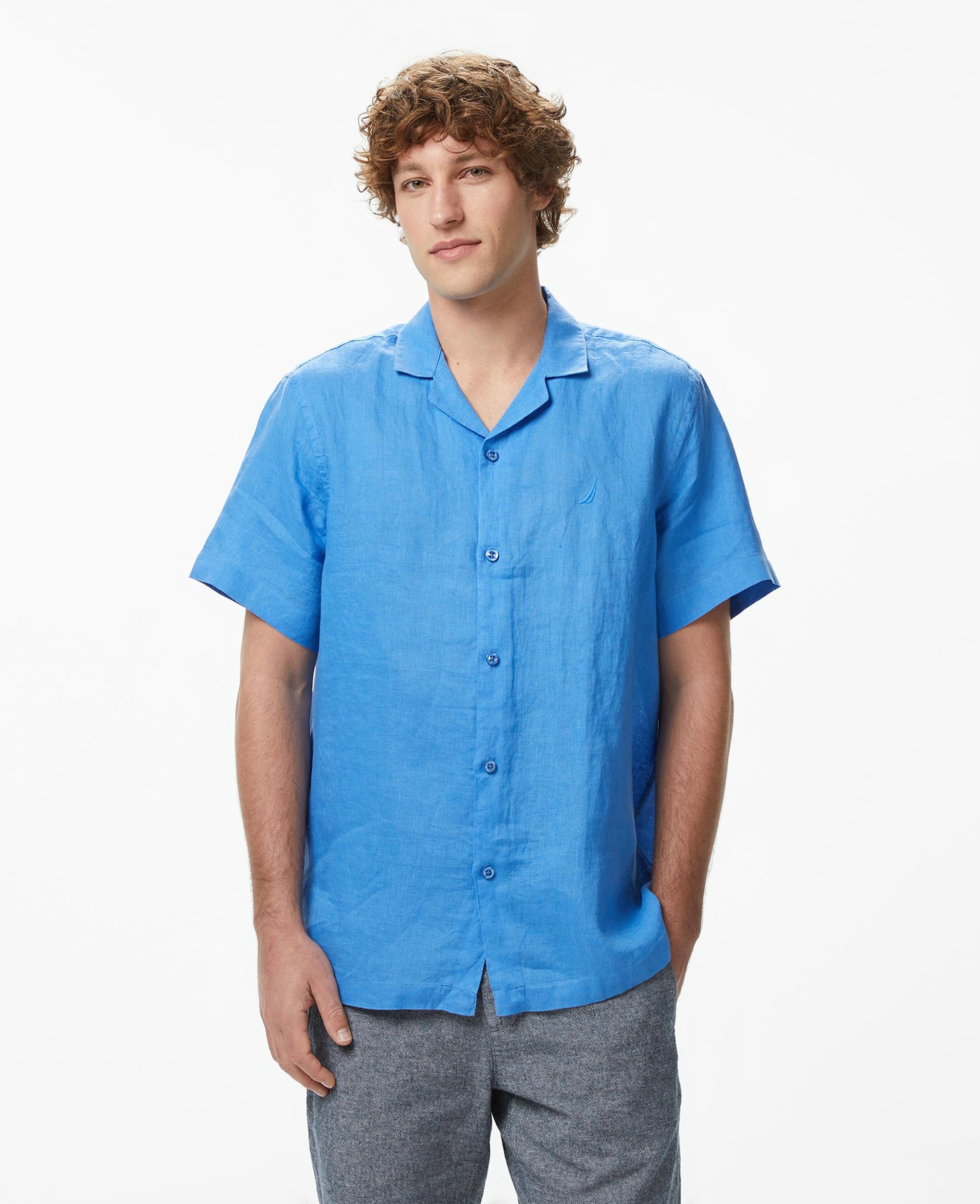 Nautica Erkek Mavi Regular Fit Kısa Kollu Keten Gömlek