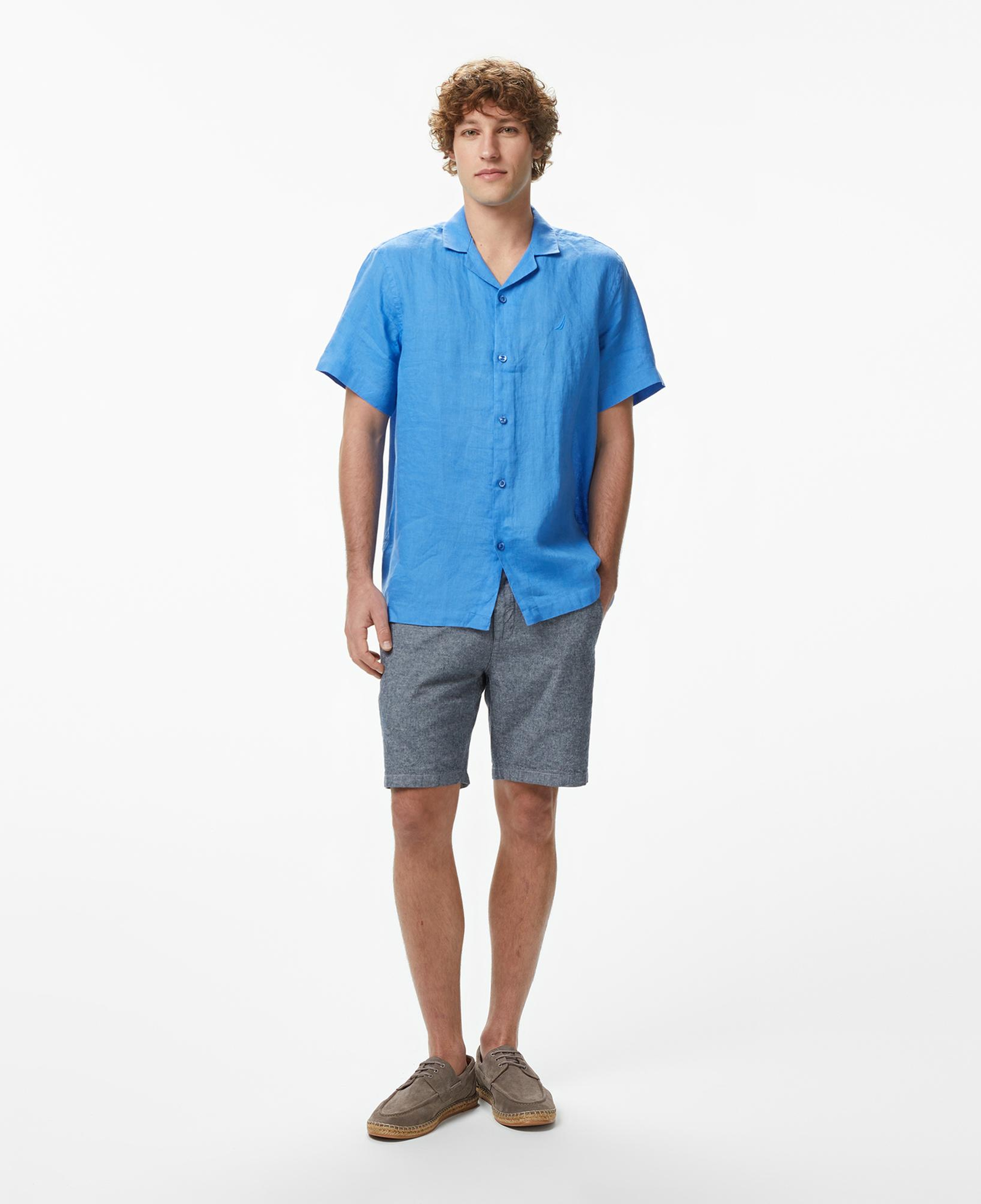 Nautica Erkek Mavi Regular Fit Kısa Kollu Keten Gömlek