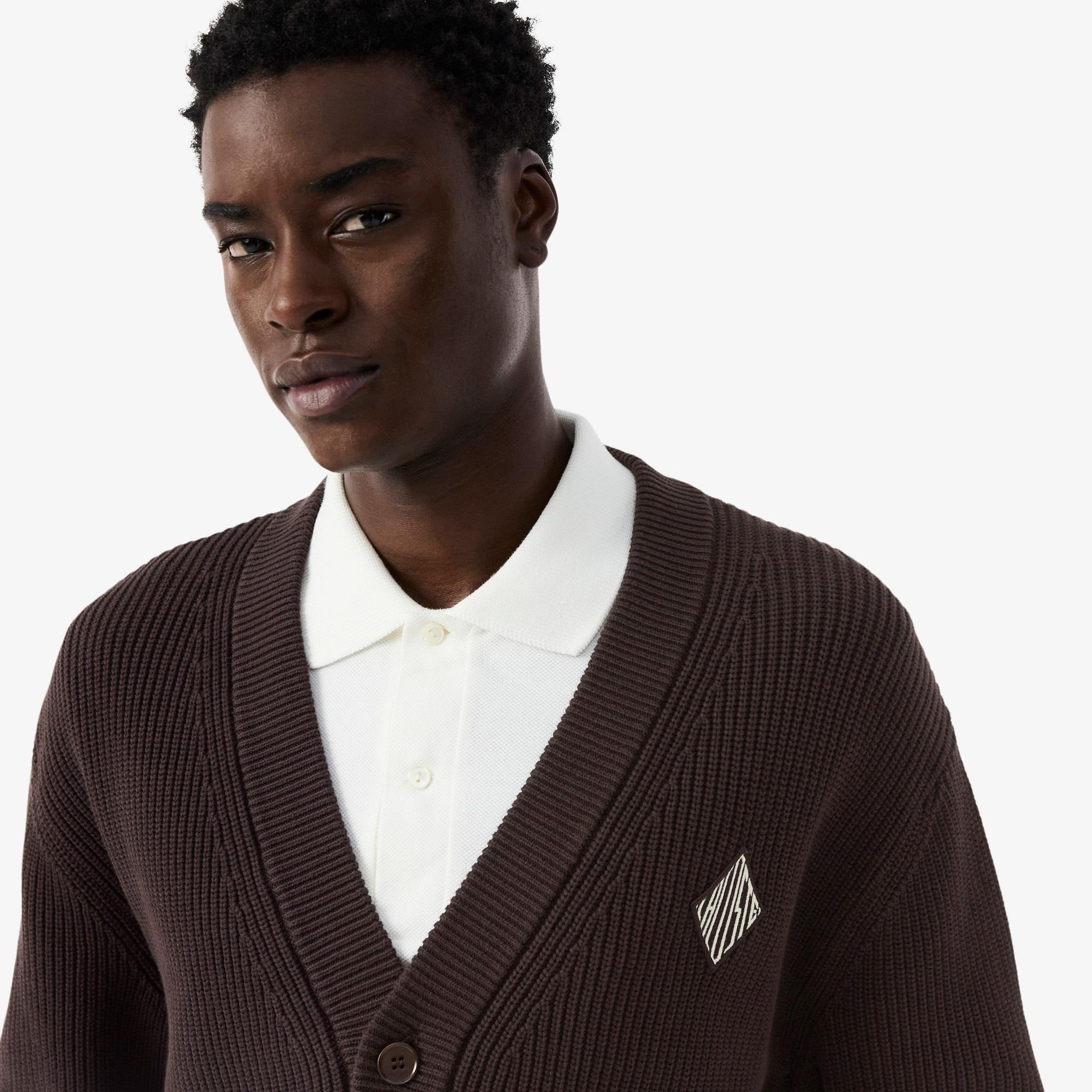 Lacoste Erkek Relaxed Fit V Yaka Koyu Kahverengi Hırka