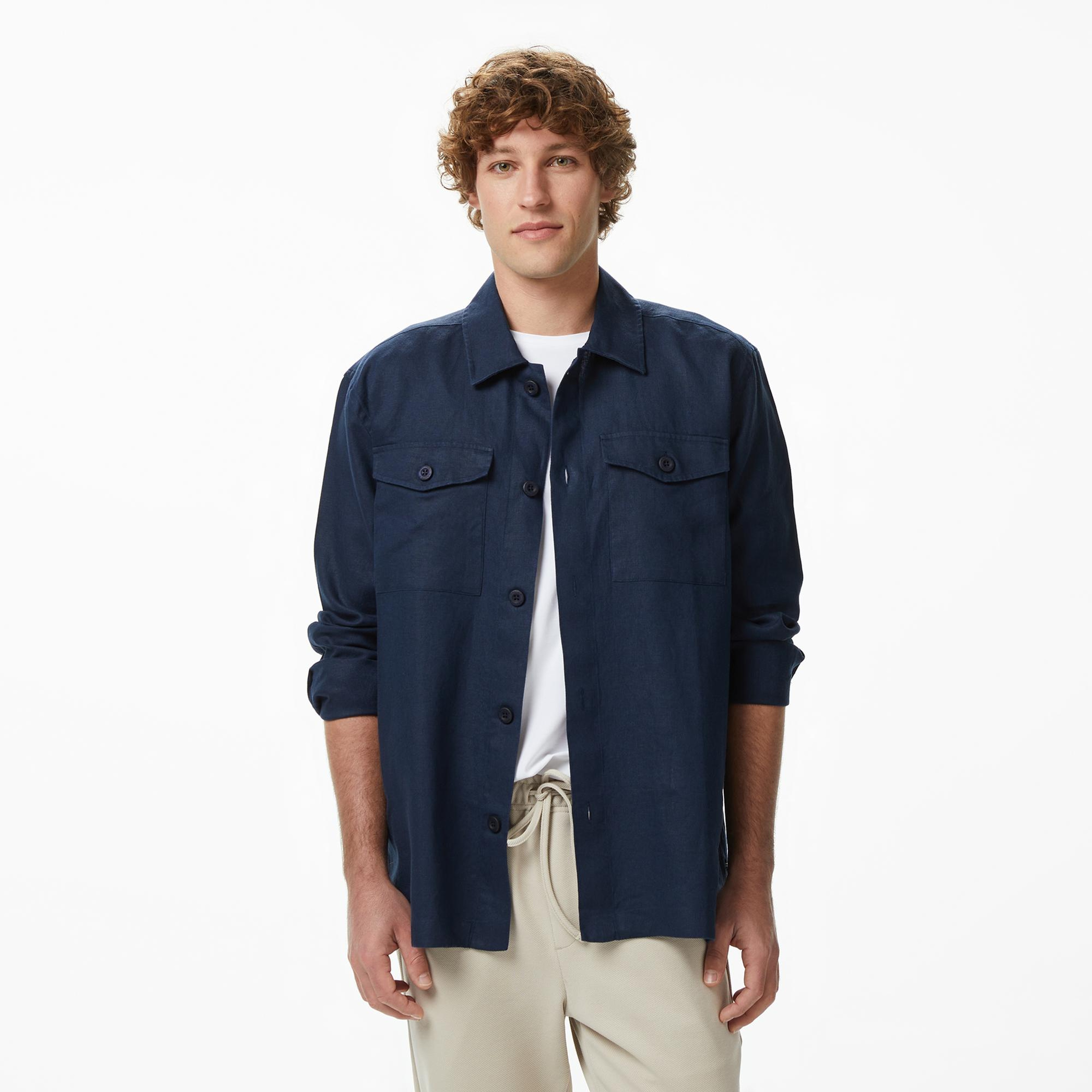 Nautica Erkek Lacivert Regular Fit Keten Gömlek