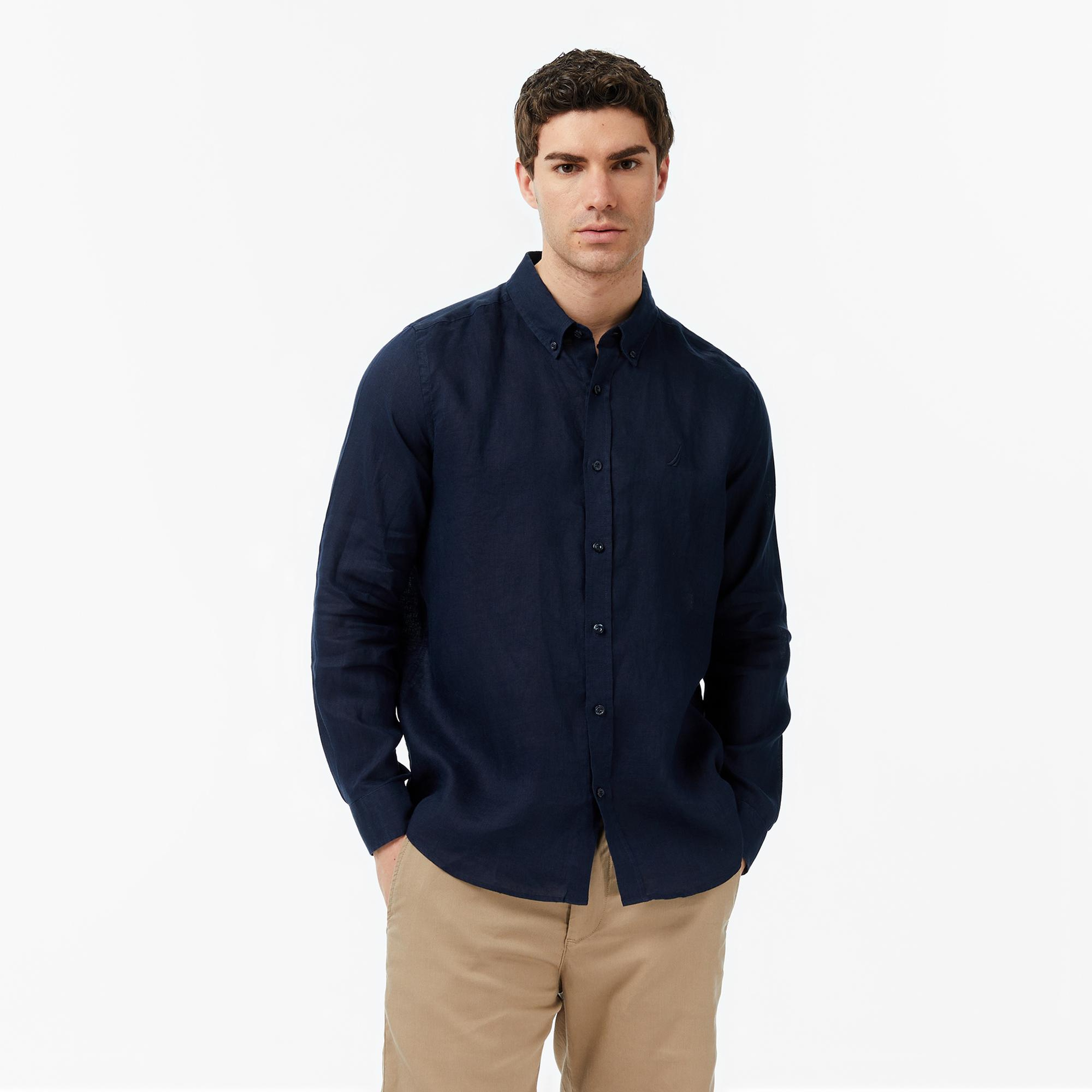 Nautica Erkek Lacivert Regular Fit Keten Gömlek