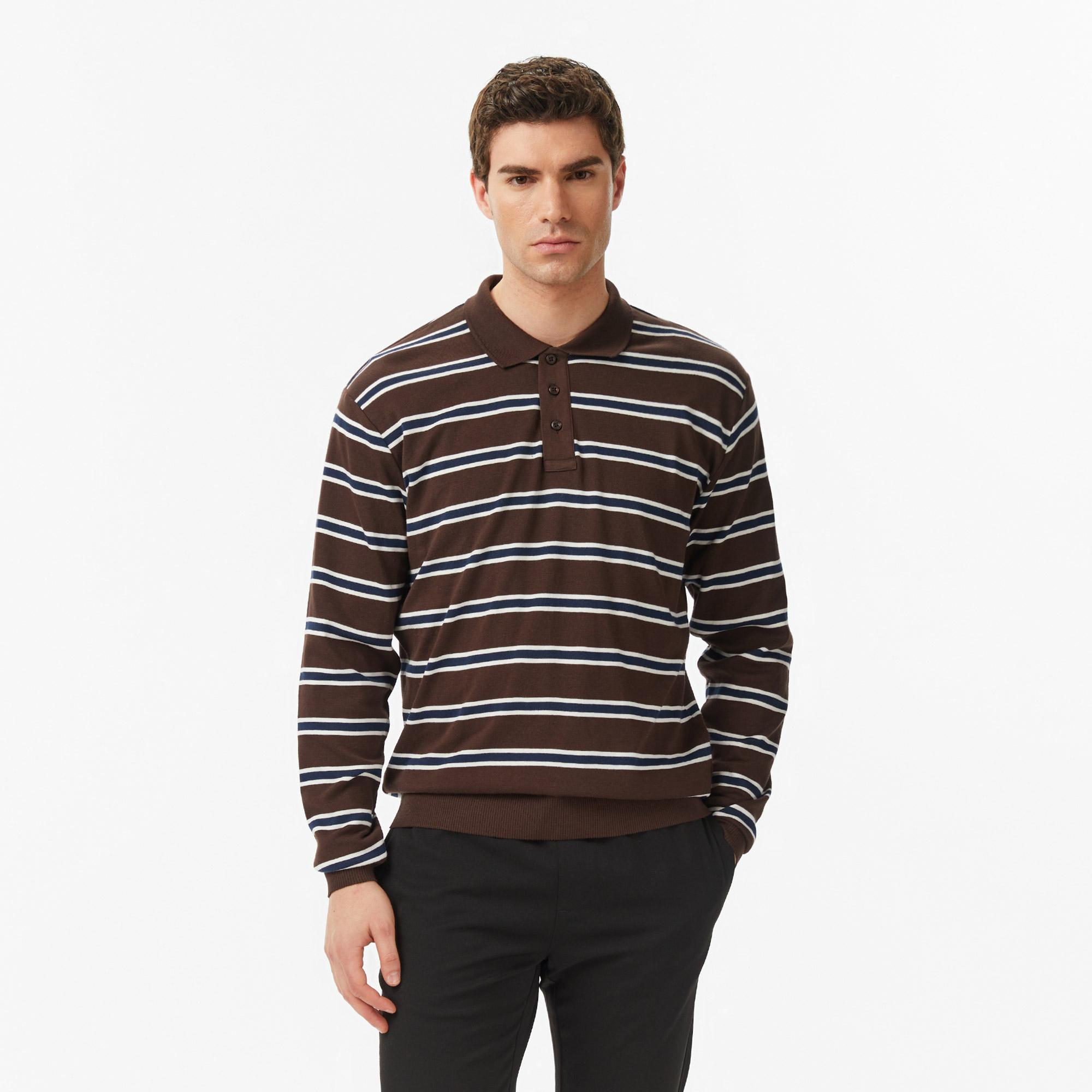 Nautica Erkek Kahverengi Regular Fit Uzun Kollu Çizgili Polo Yaka T-Shirt