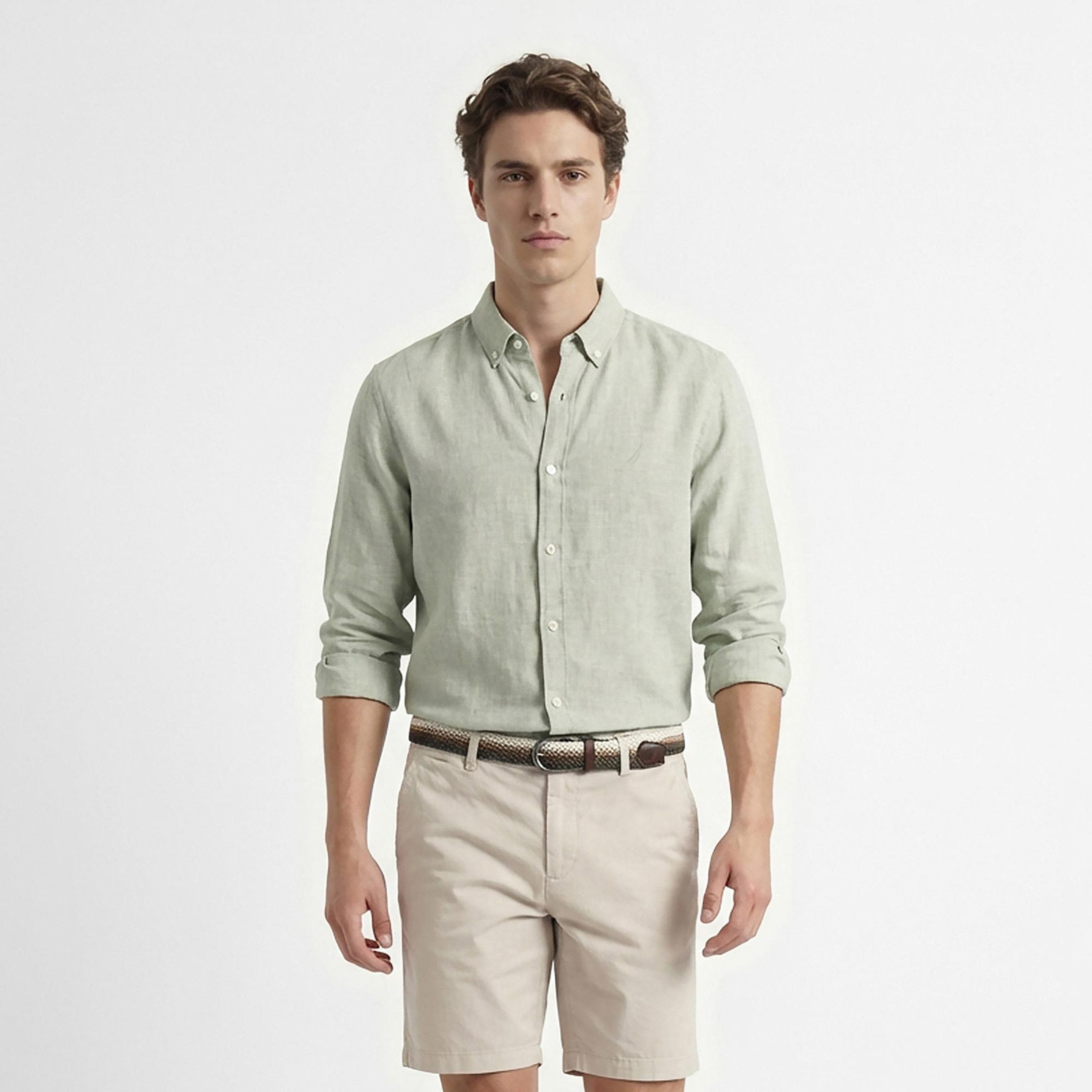 Nautica Erkek Yeşil Regular Fit Keten Gömlek