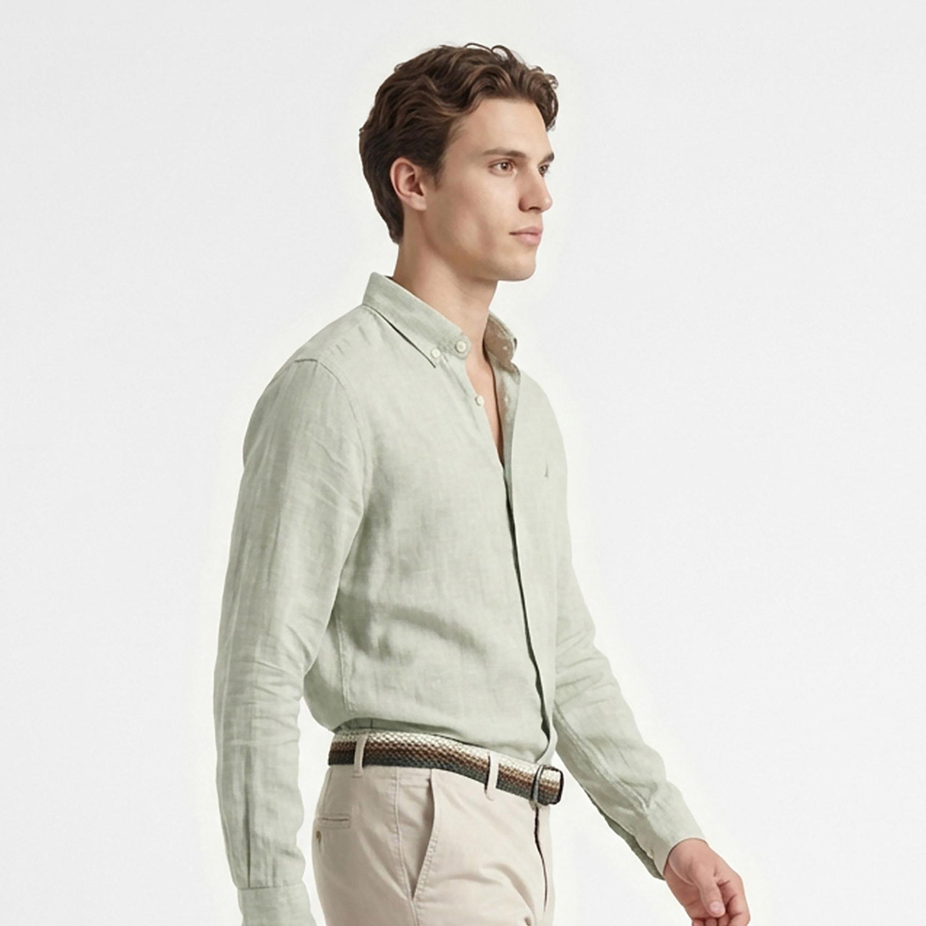 Nautica Erkek Yeşil Regular Fit Keten Gömlek