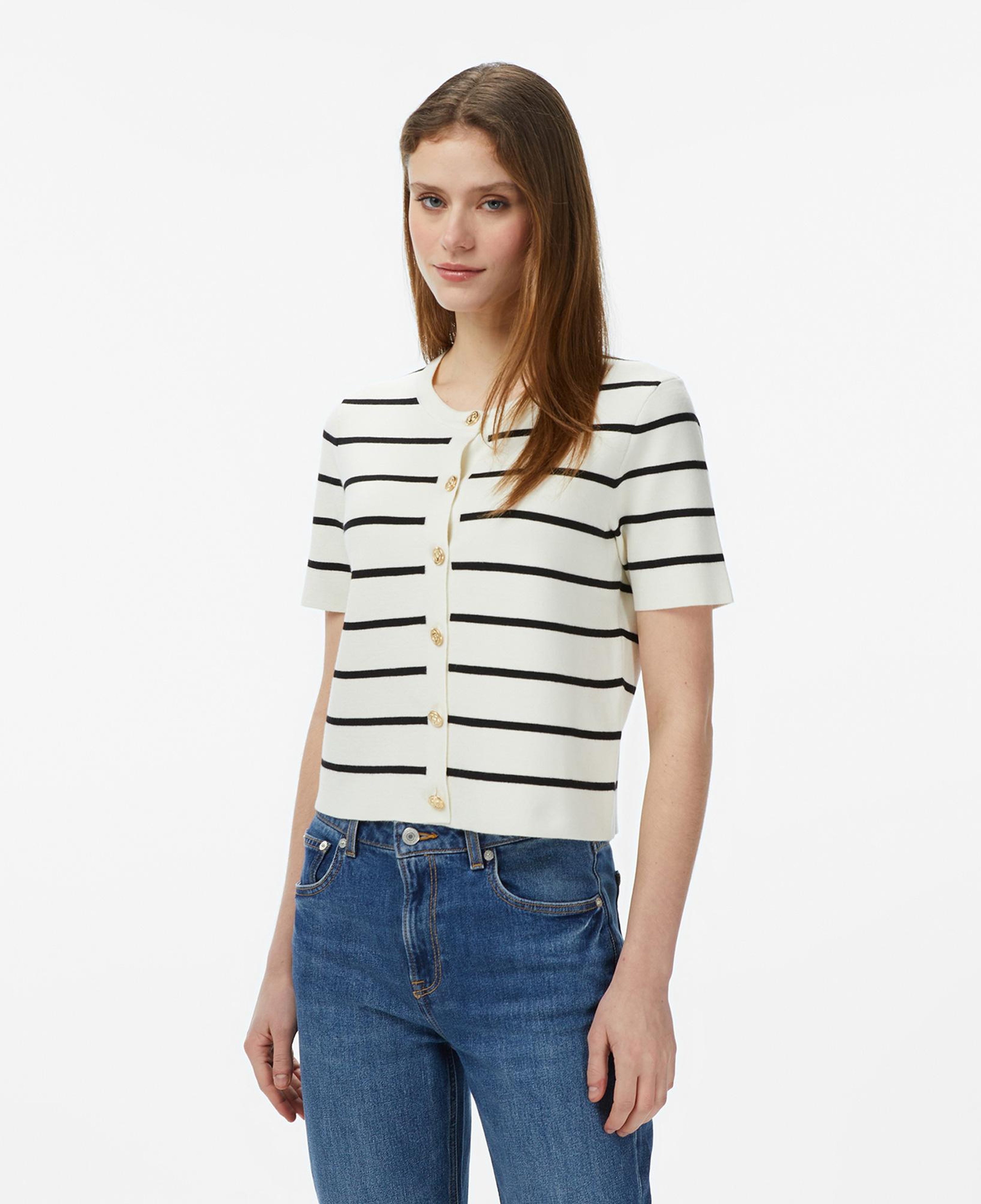 Nautica Kadın Krem Slim Fit Kısa Kollu Çizgili Triko Hırka