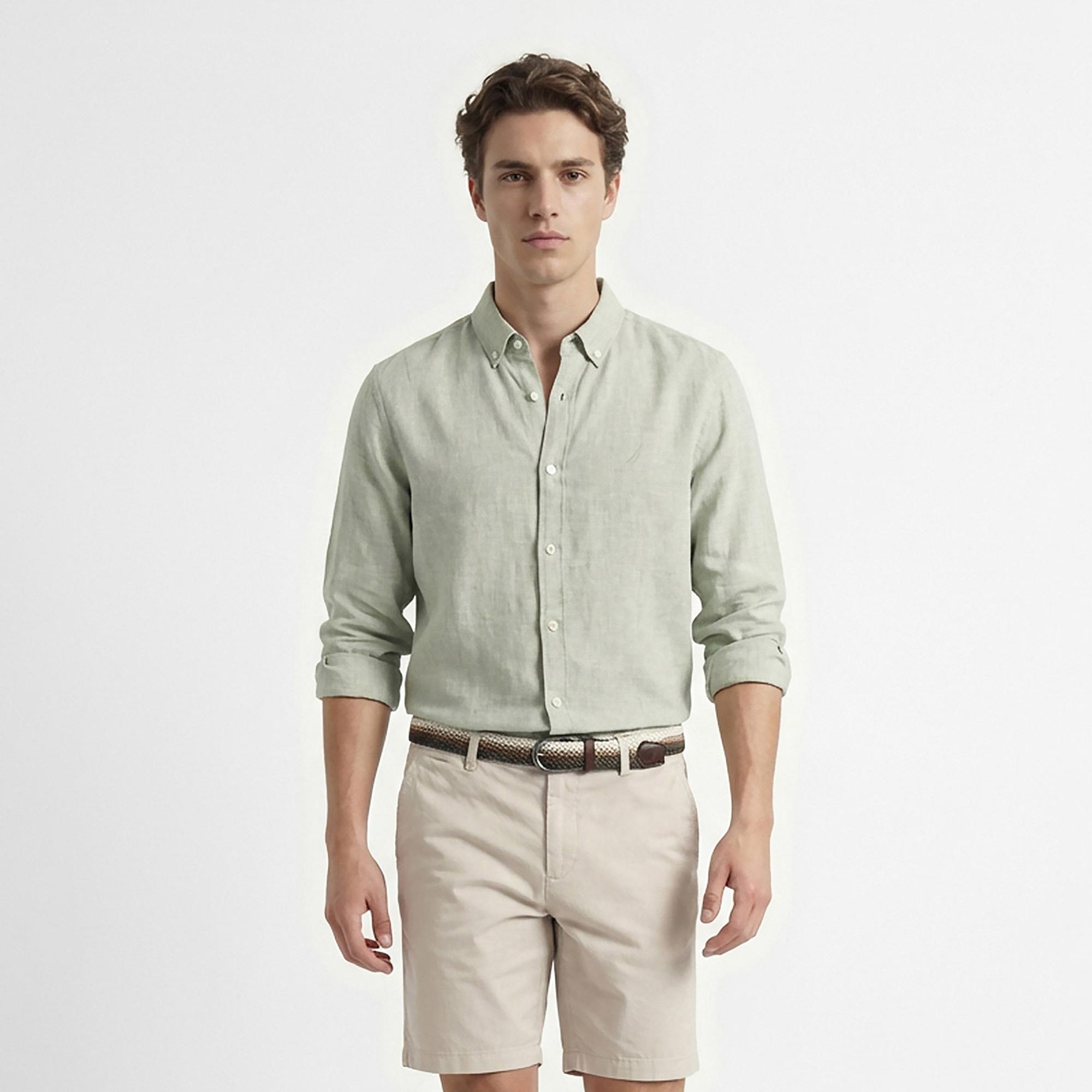 Nautica Erkek Yeşil Regular Fit Keten Gömlek