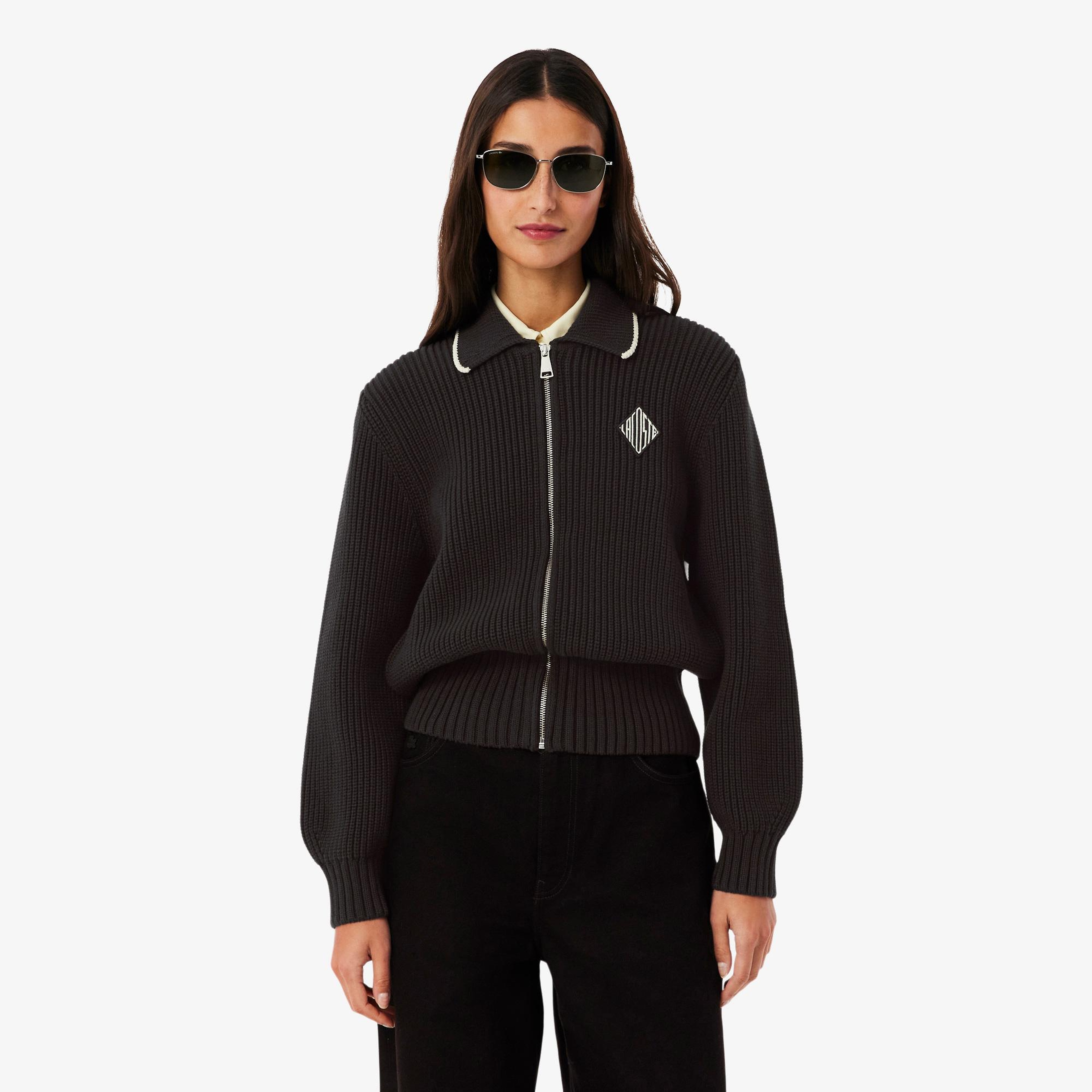 Lacoste Kadın Loose Fit Fermuarlı Kahverengi Hırka