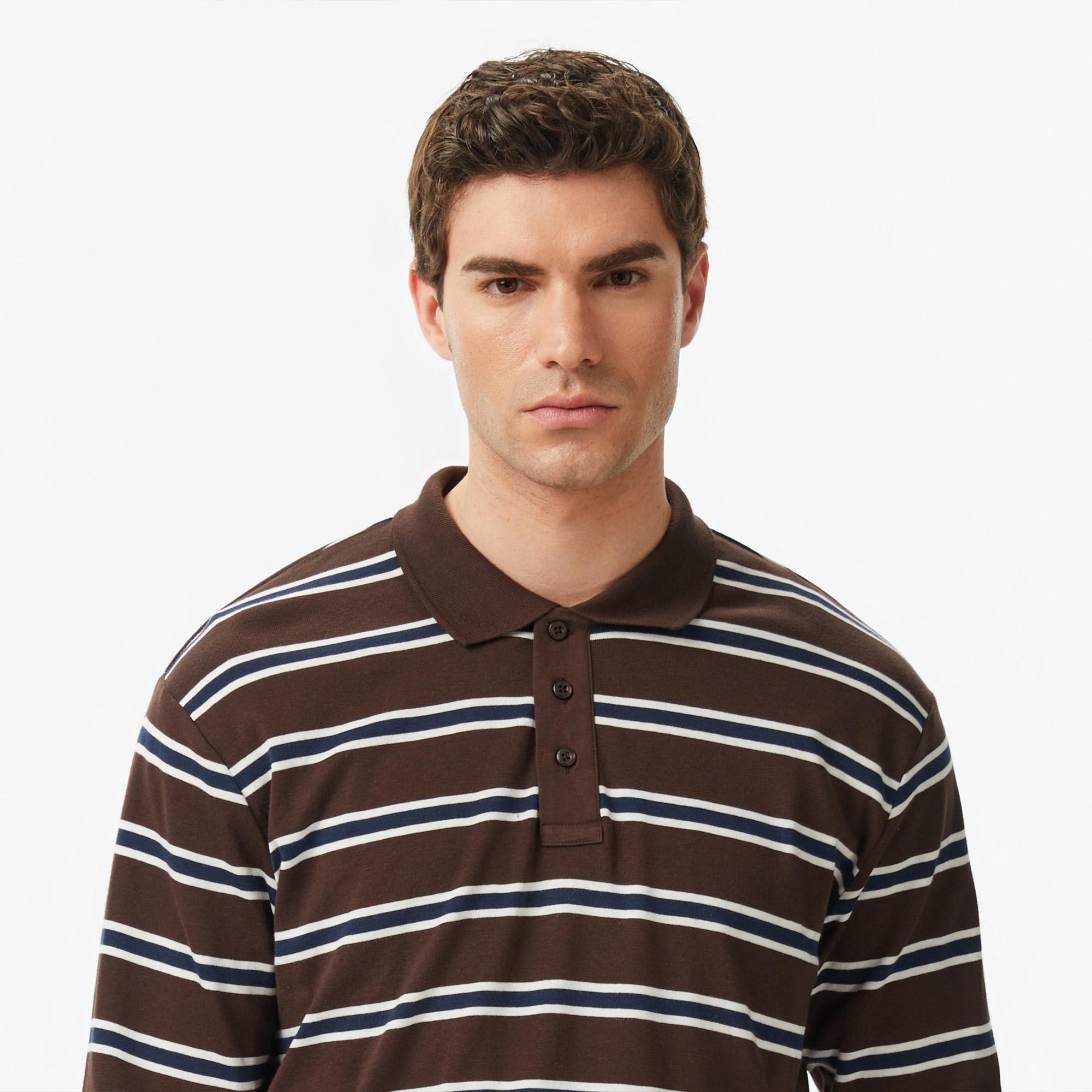 Nautica Erkek Kahverengi Regular Fit Uzun Kollu Çizgili Polo Yaka T-Shirt