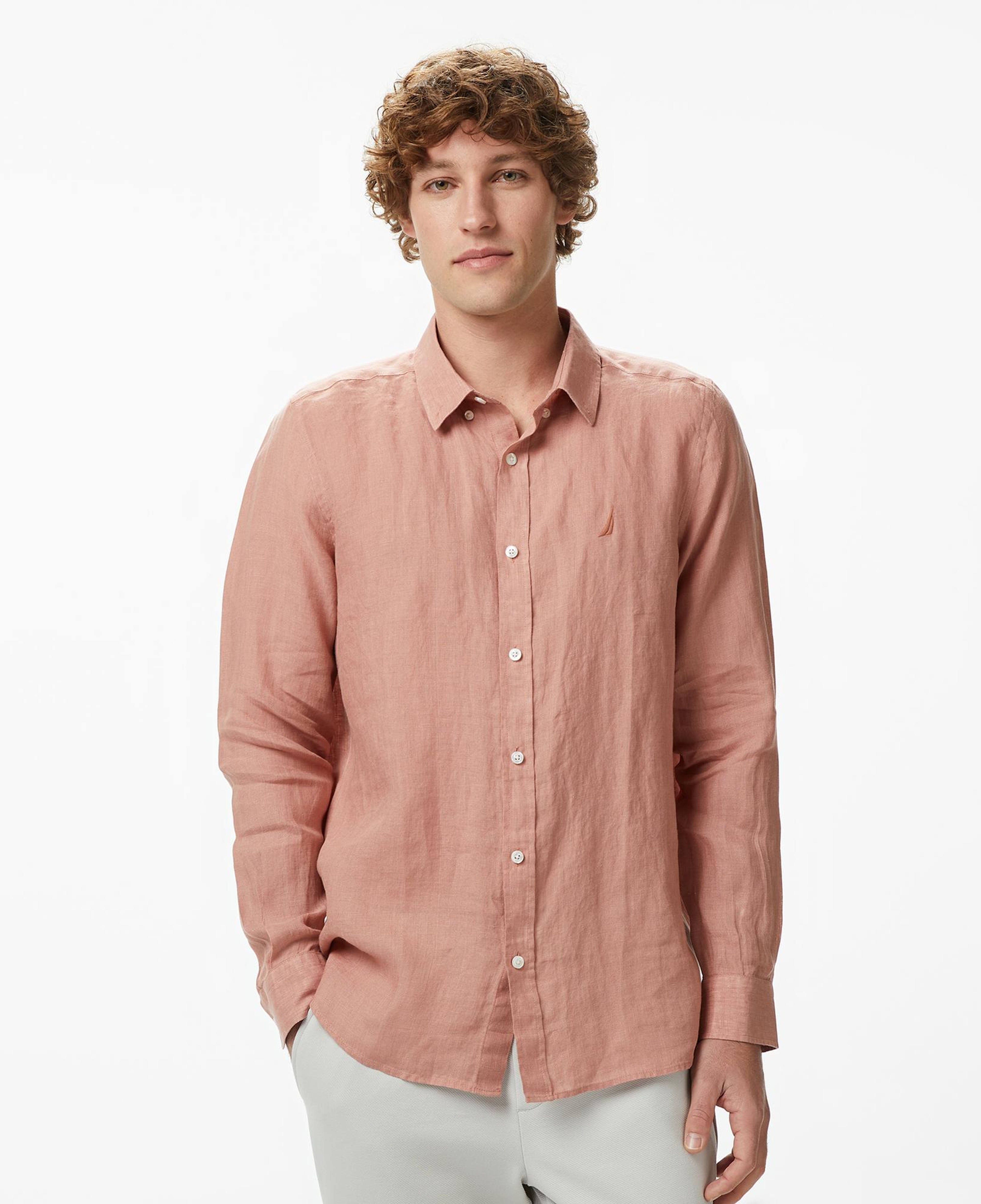 Nautica Erkek Bej Regular Fit Keten Gömlek